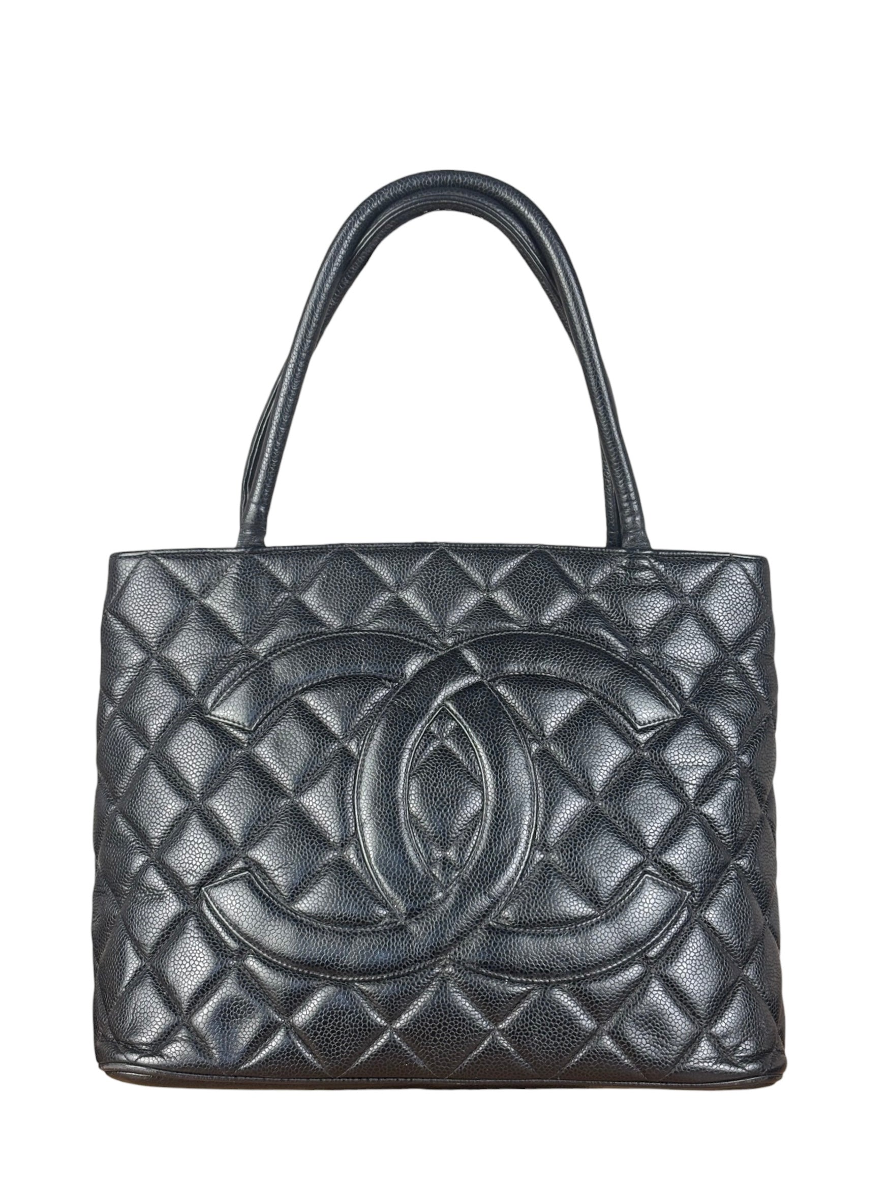 Chanel Vintage CC Black Quilted Caviar Leather Medallion Tote Bag 2002