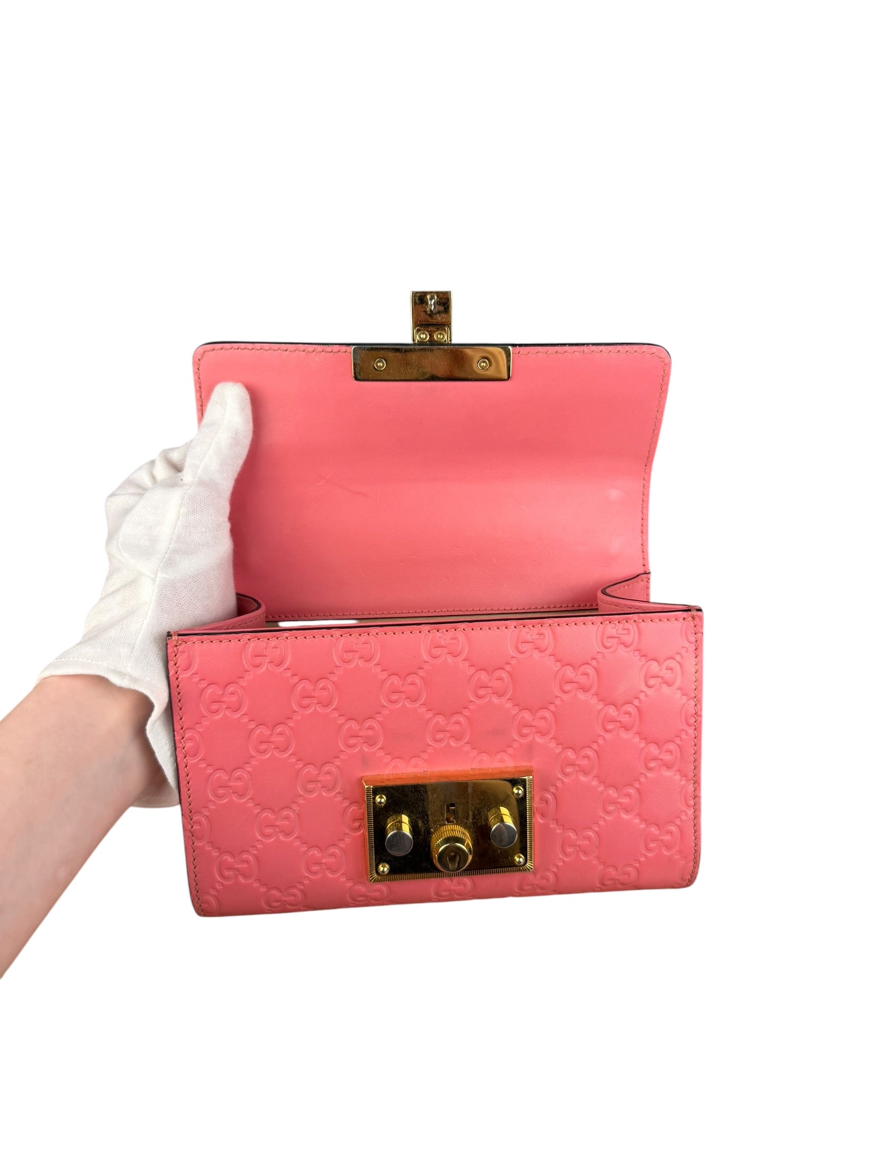Gucci GG Pink Embossed Leather Small Padlock Chain Bag