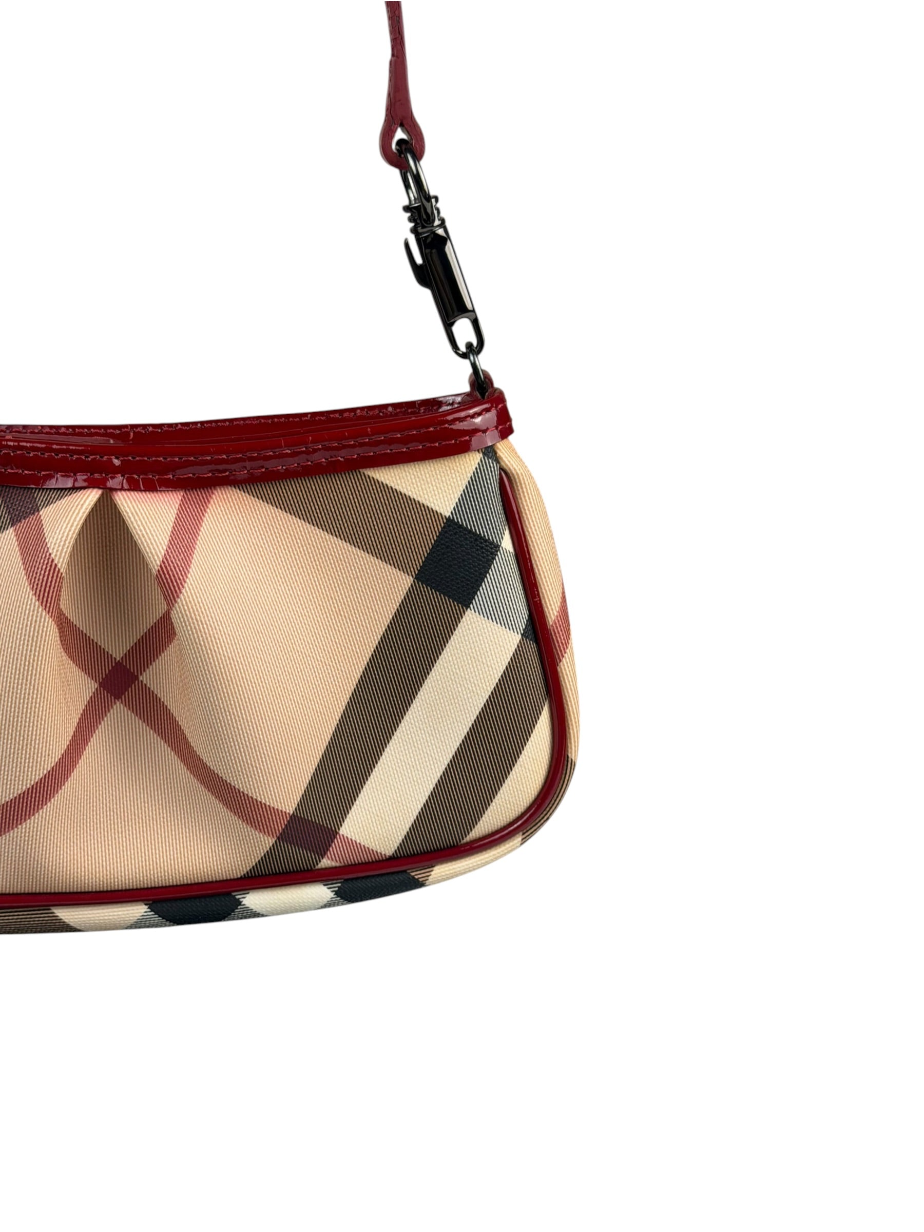 Burberry Red Patent Leather Trim Super Nova Check Pochette