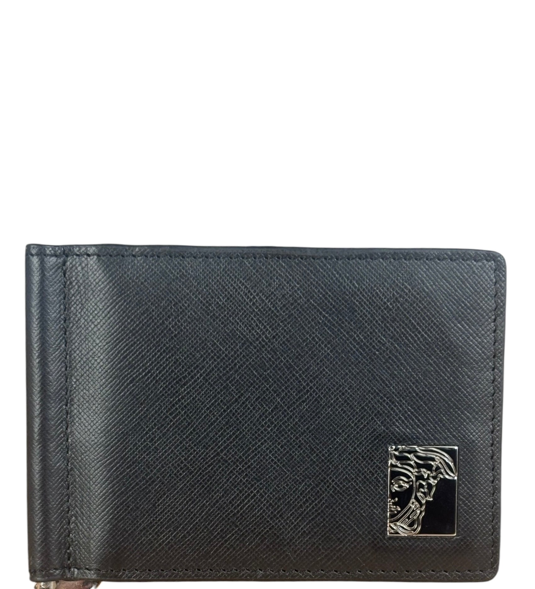 Versace Black Saffiano Leather Bifold Money Clip Wallet