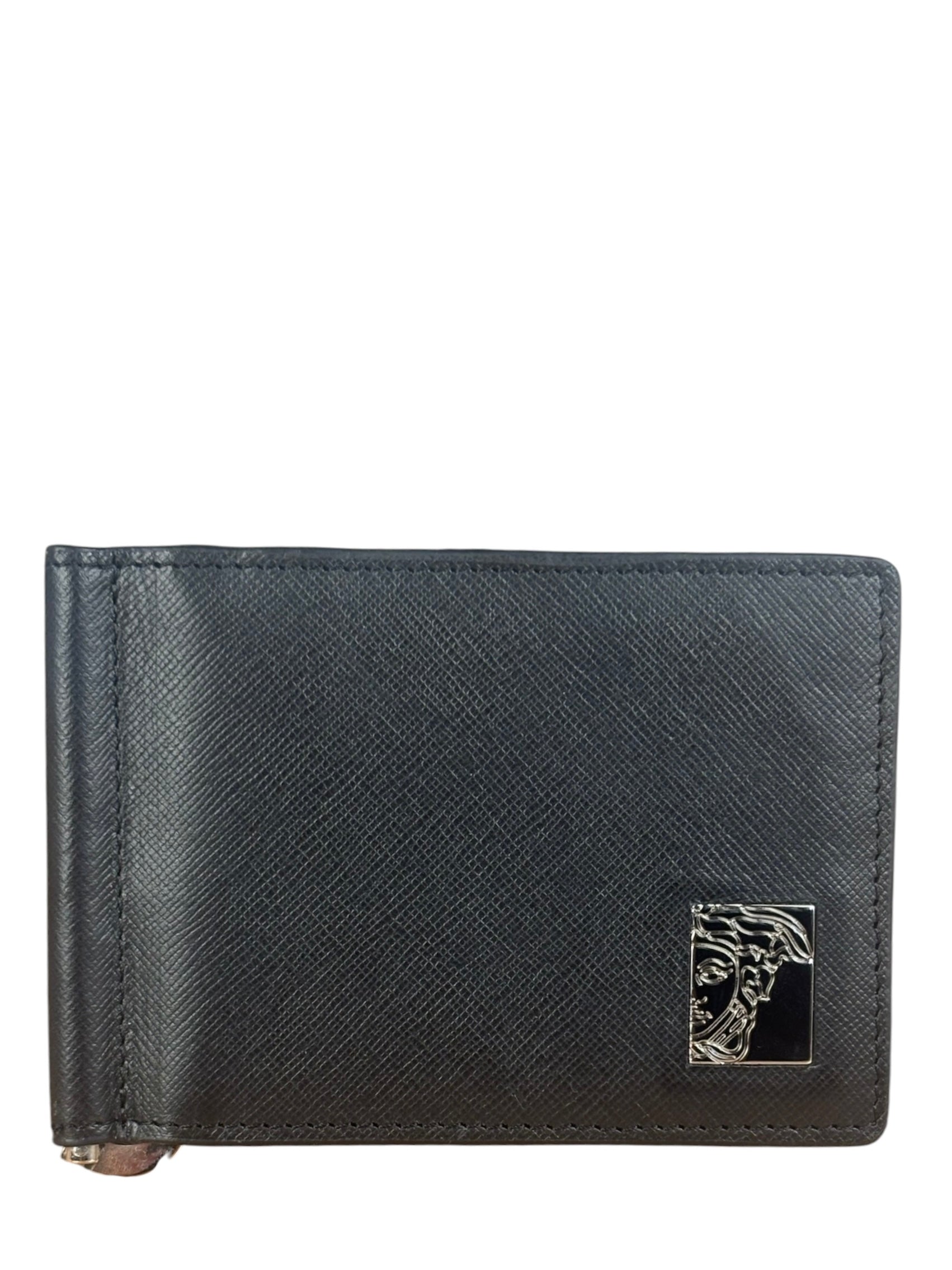 Versace Black Saffiano Leather Bifold Money Clip Wallet