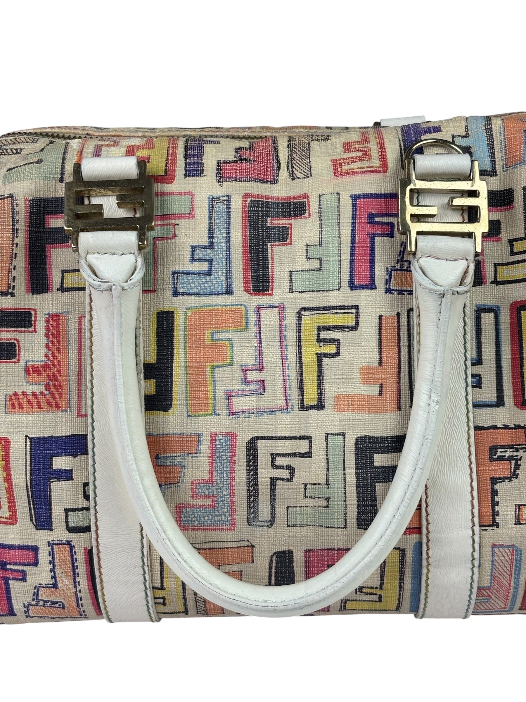 Fendi Beige Leather Multicolor Zucca Forever Boston Bag