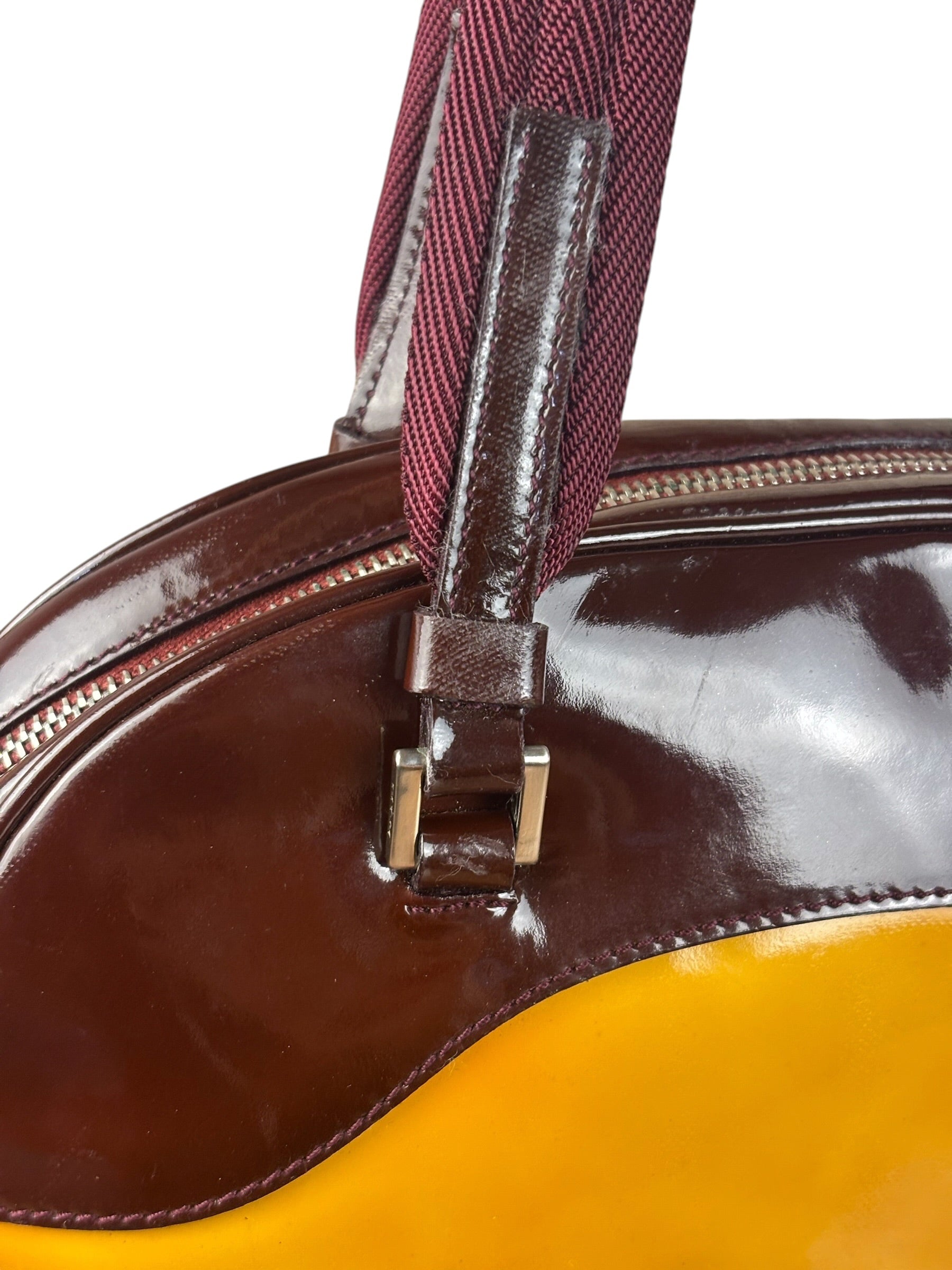 Prada Vintage Yellow/Burgundy Patent Leather Bowler Shoulder Bag