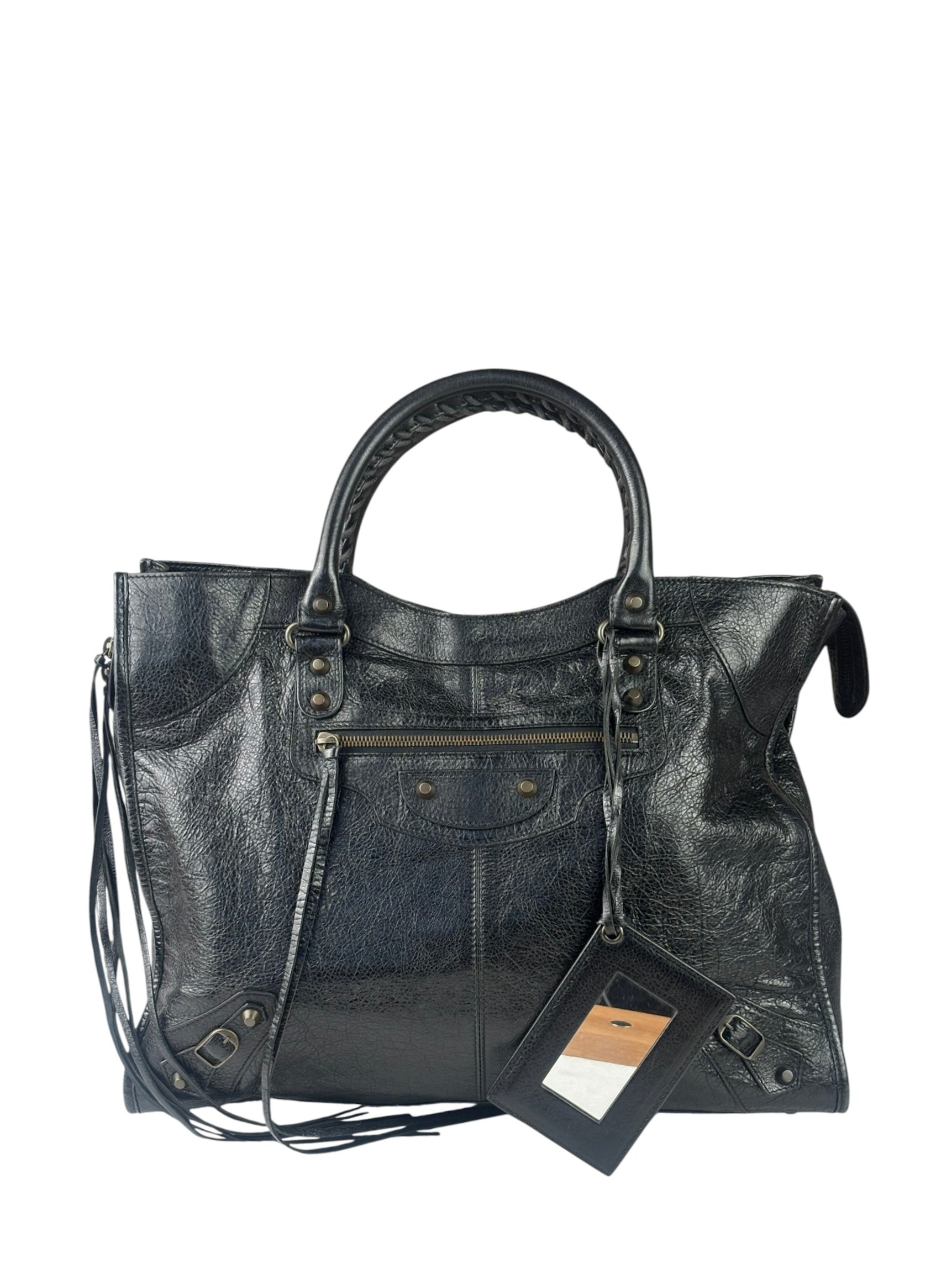 Balenciaga Black Lambskin Moto Work Two-Way Bag