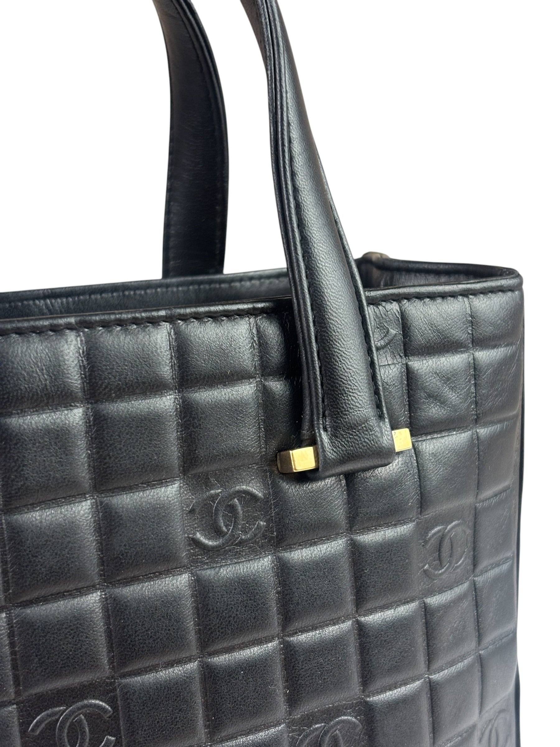 Chanel Vintage Black Leather Chocolate Bar Tote Bag 1992