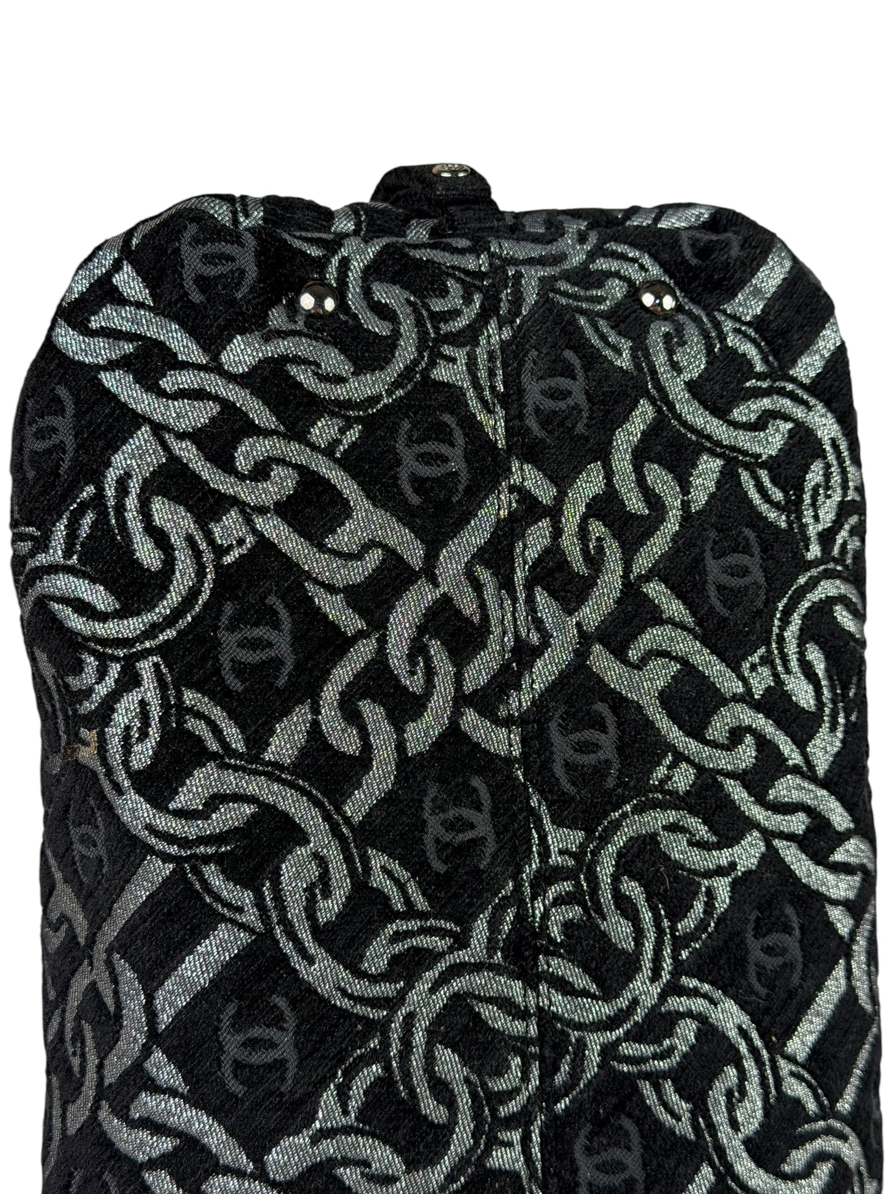 Chanel Black CC Jacquard Chain Silver Metallic Bowler Handbag 2005