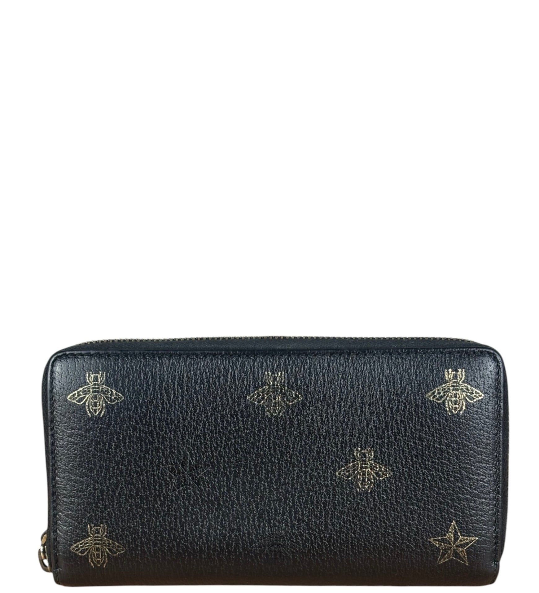 Gucci Black Leather Bee Long Zip Wallet