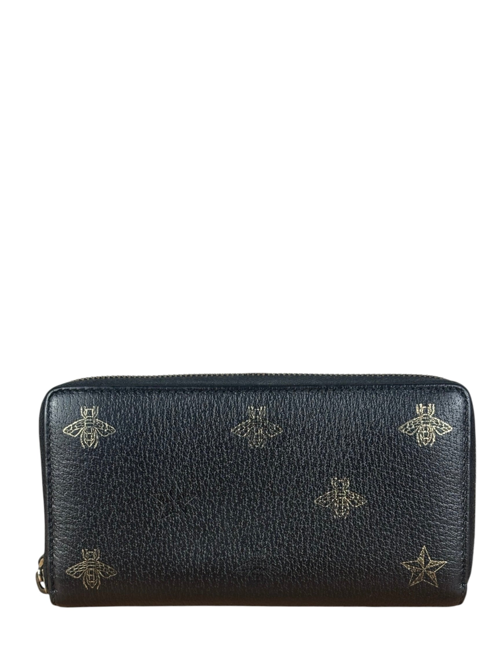 Gucci Black Leather Bee Long Zip Wallet