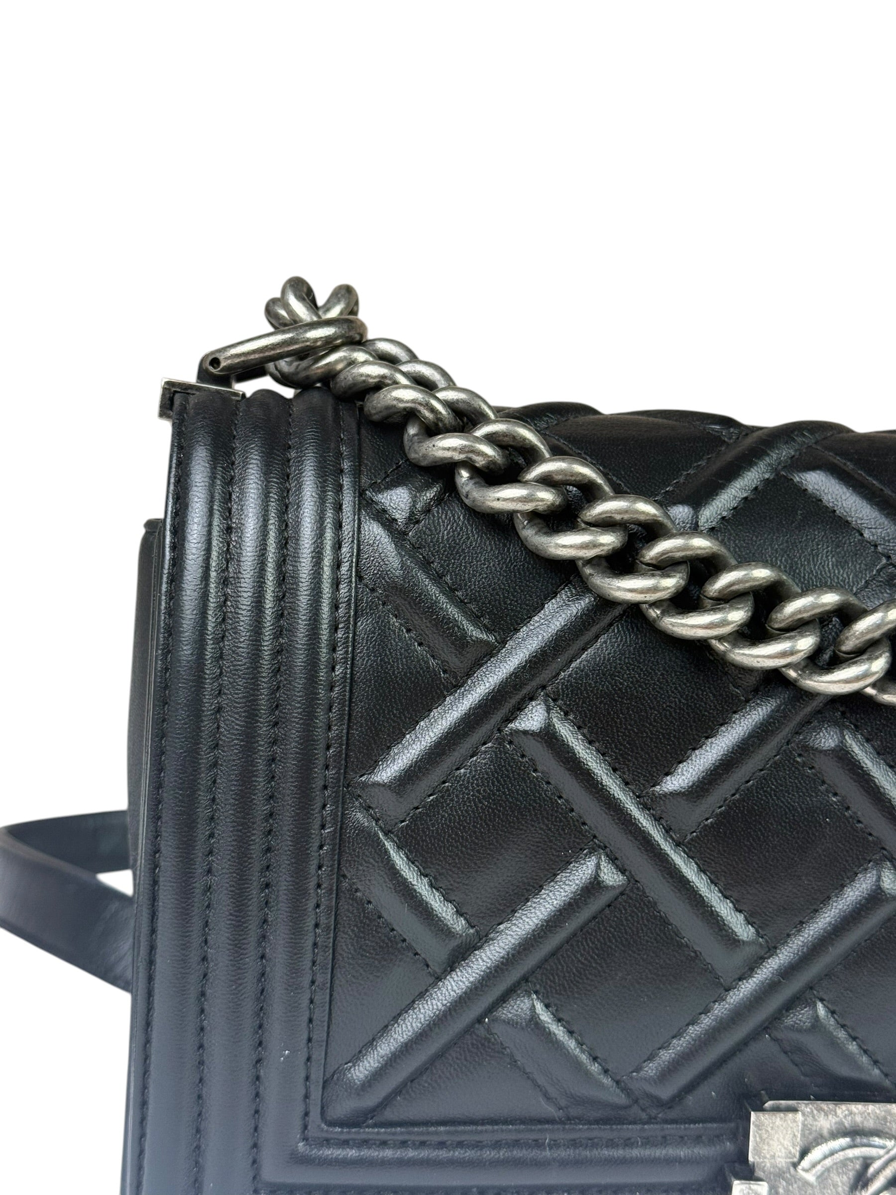 Chanel Black Leather Diamond Quilted Medium Boy Bag 2012