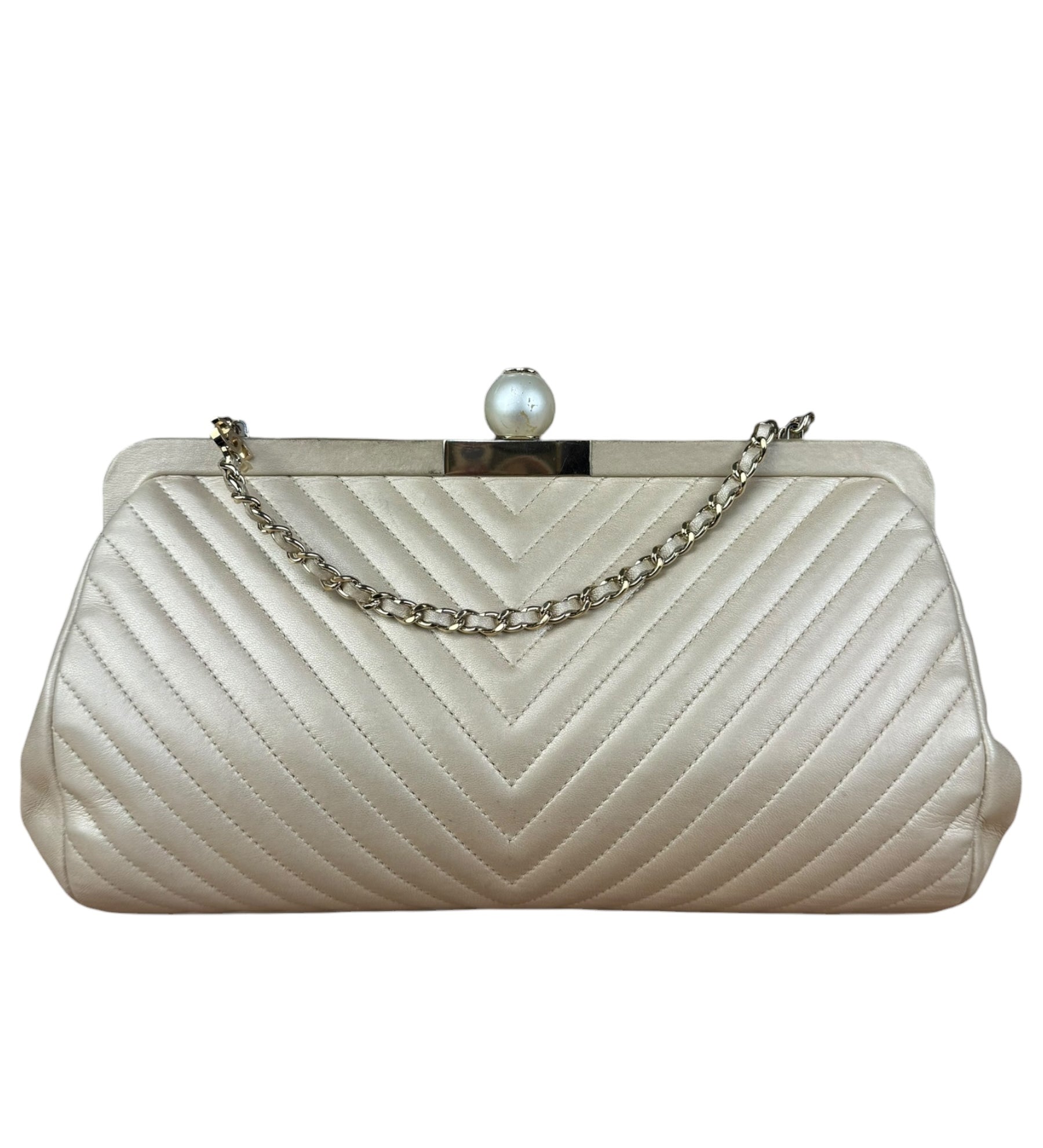 Chanel Beige Metallic Chevron Leather Clutch Shoulder Bag