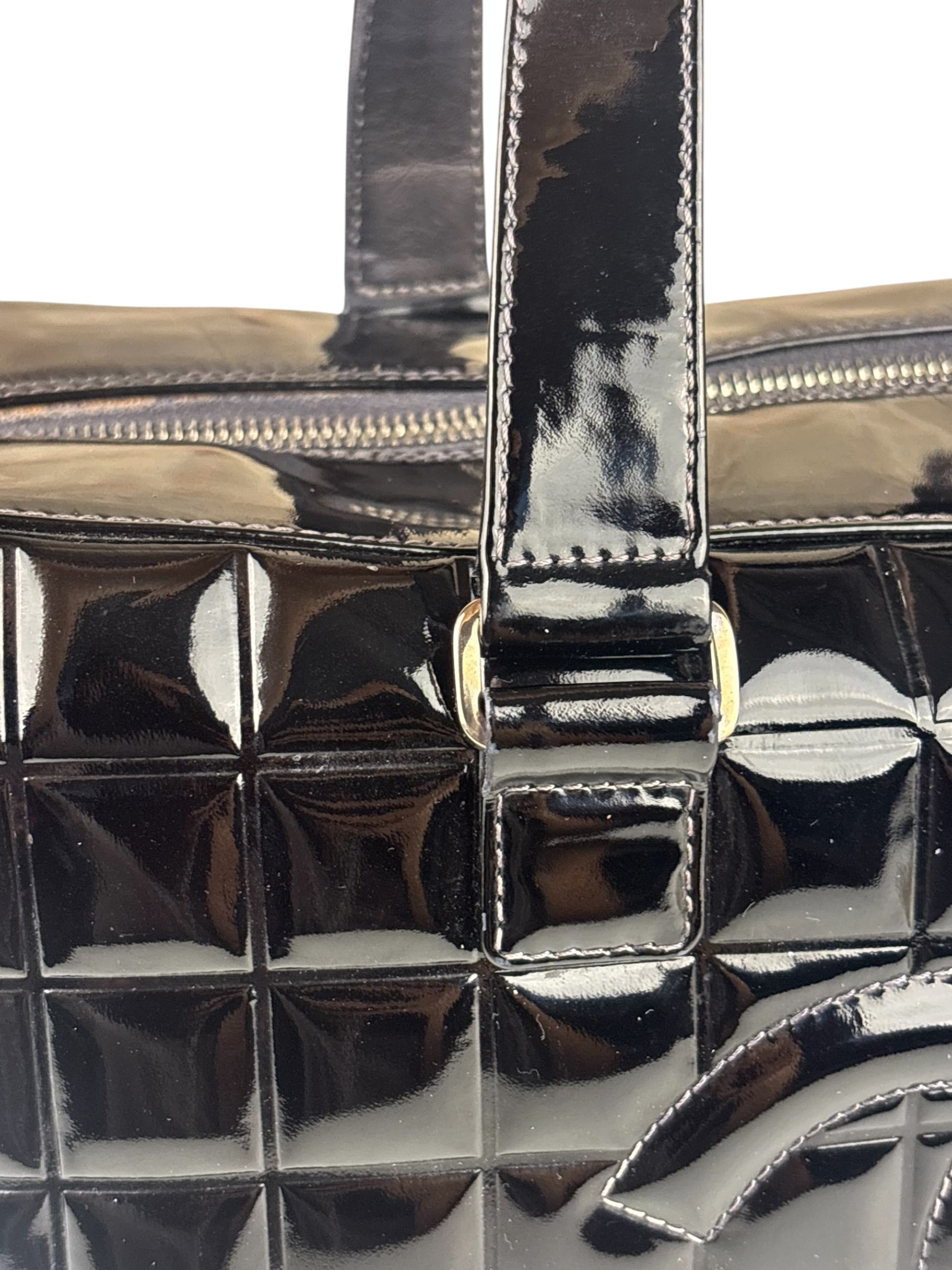 Chanel Black Leather Patent Chocolate Bar Bowler Hand Bag