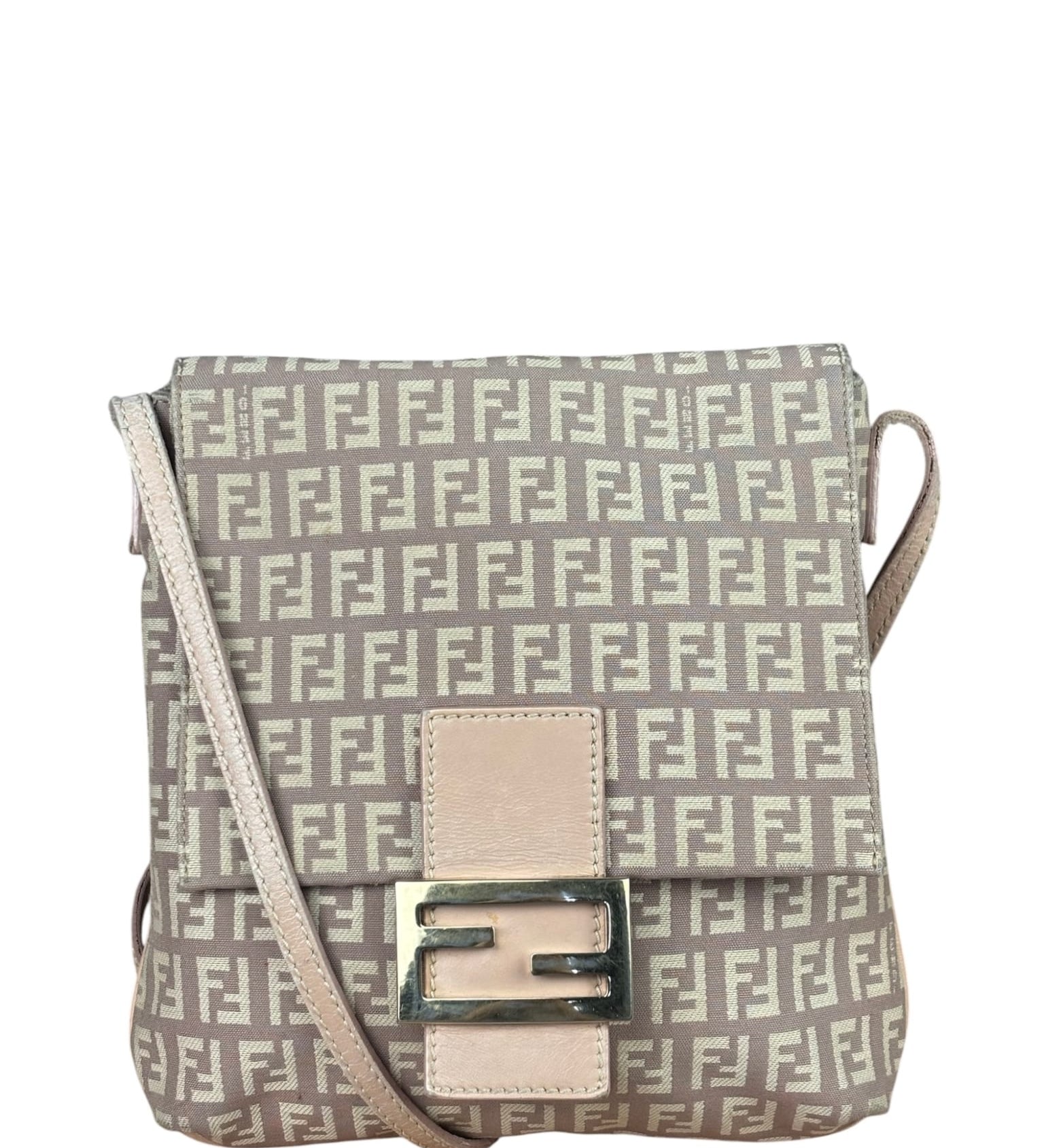 Fendi Pastel Pink Leather Trim Zucca Flap Vitello Tube Messenger Bag