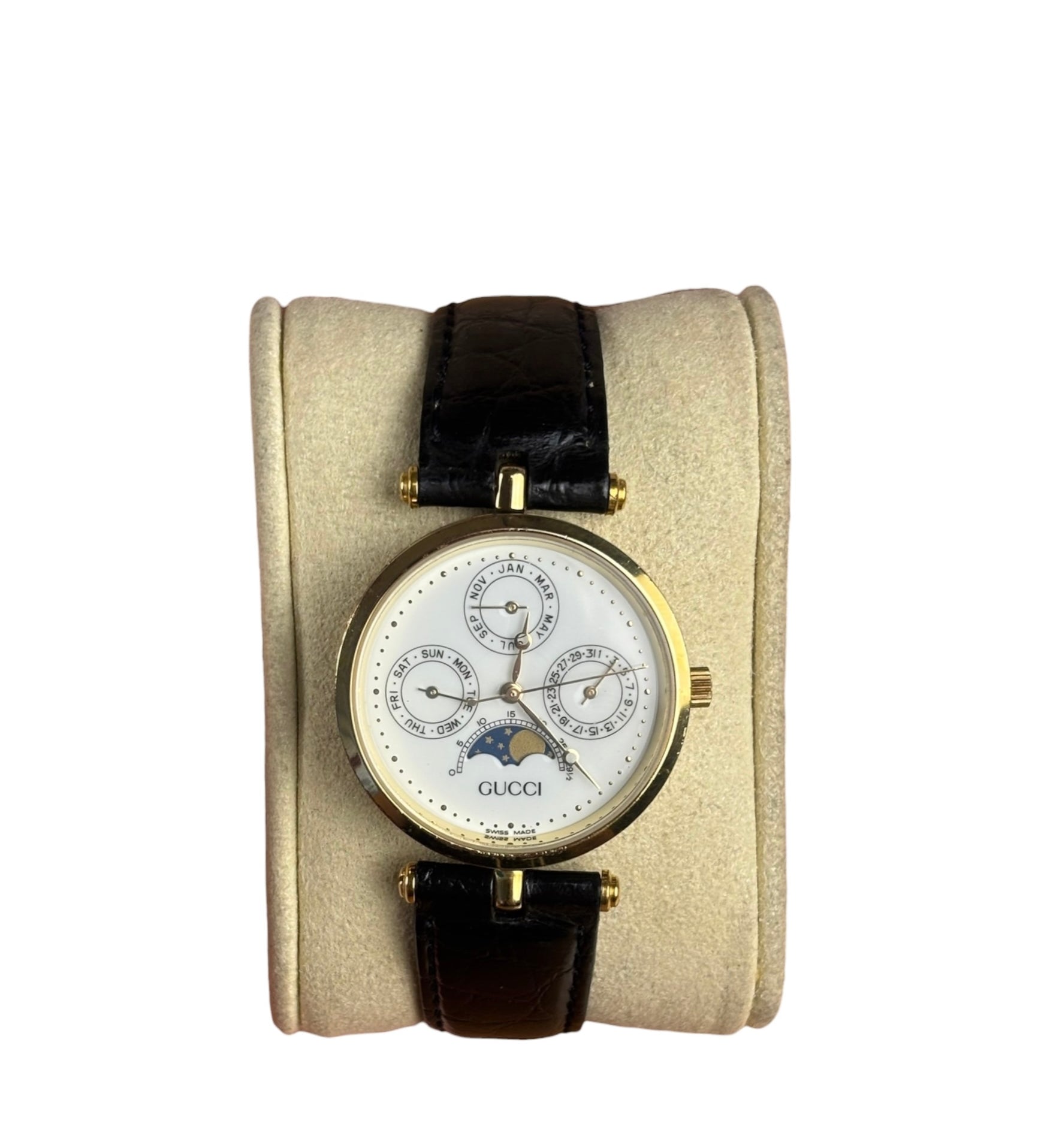 Gucci Vintage Black Leather Moonphase Triple Calendar Watch