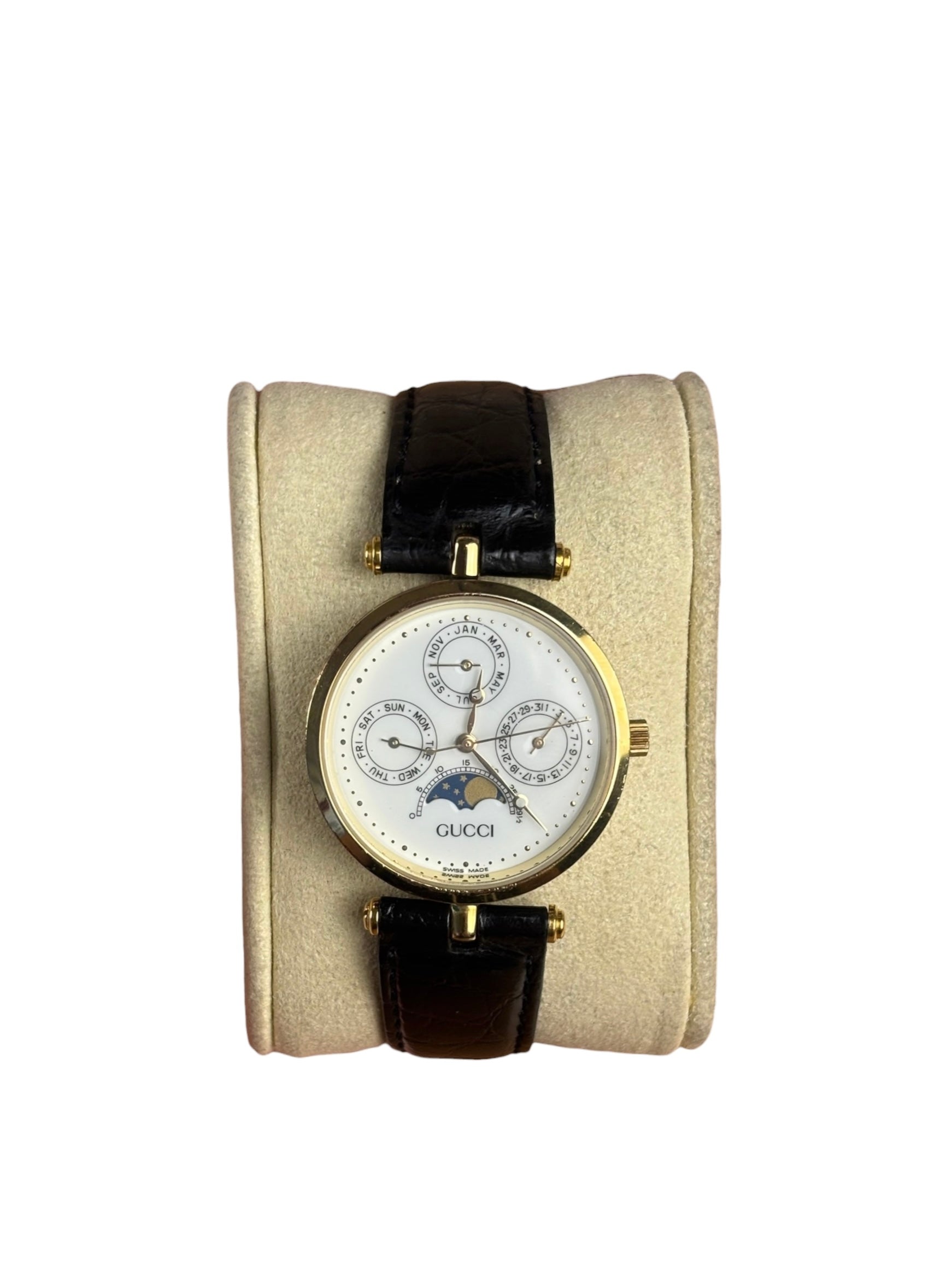 Gucci Vintage Black Leather Moonphase Triple Calendar Watch