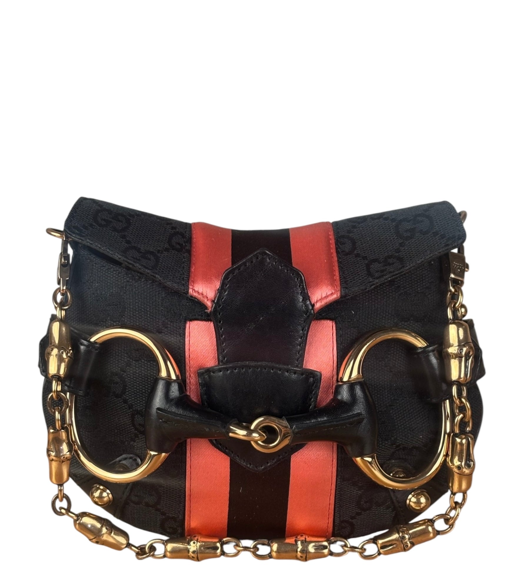 Gucci GG Black/Pink Canvas Horsebit Chain Shoulder Bag