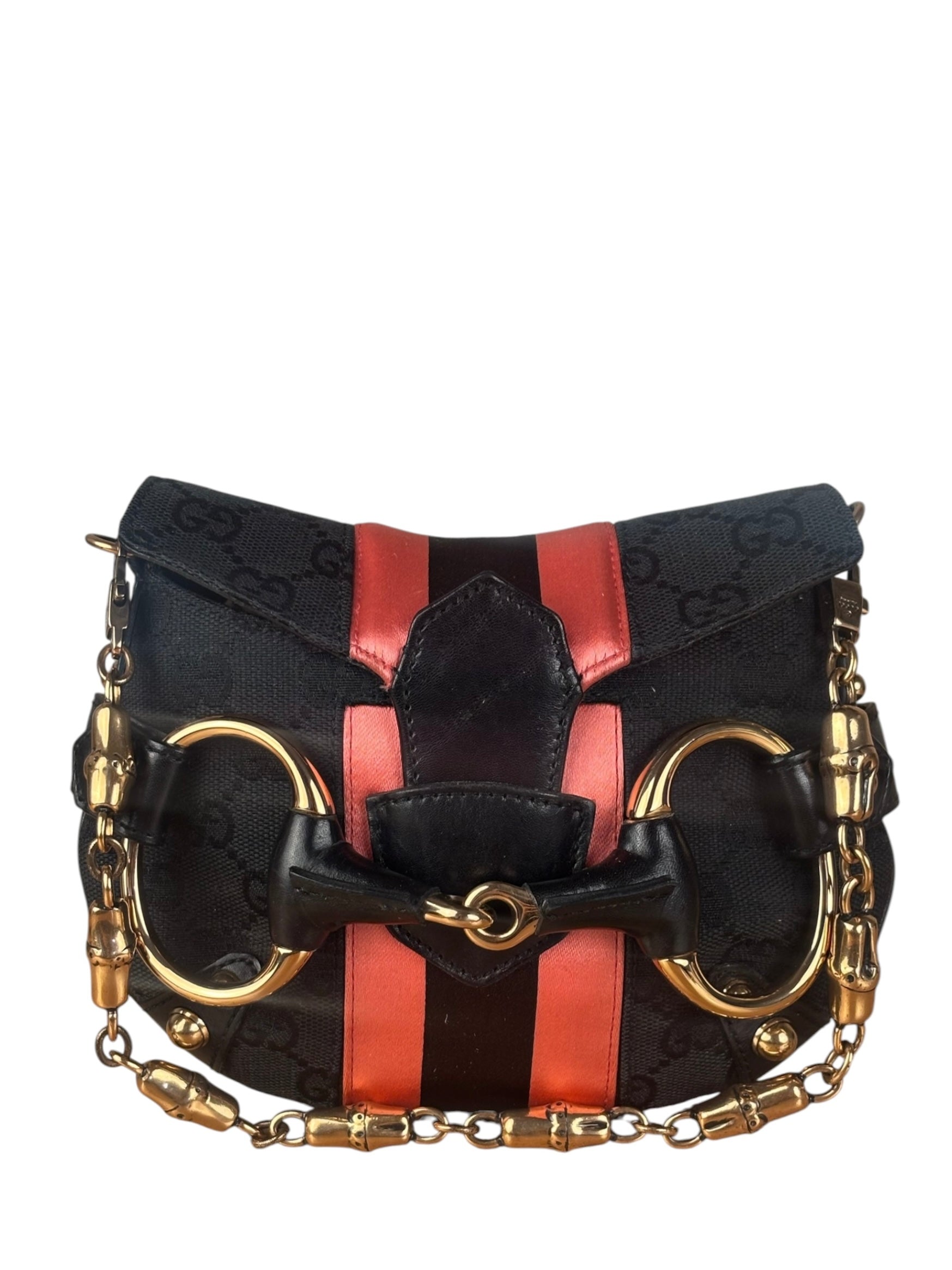 Gucci GG Black/Pink Canvas Horsebit Chain Shoulder Bag