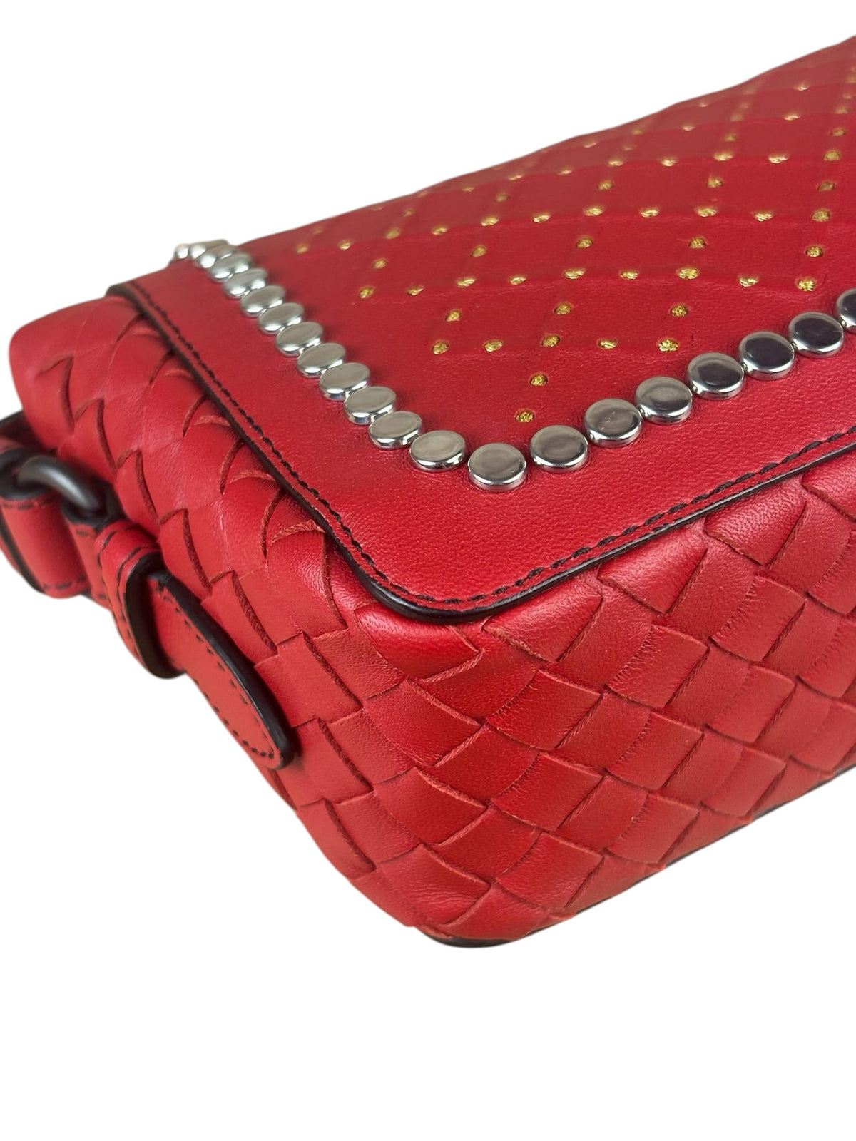 Bottega Veneta Red Leather Studded Intrecciato Flap Crossbody Bag