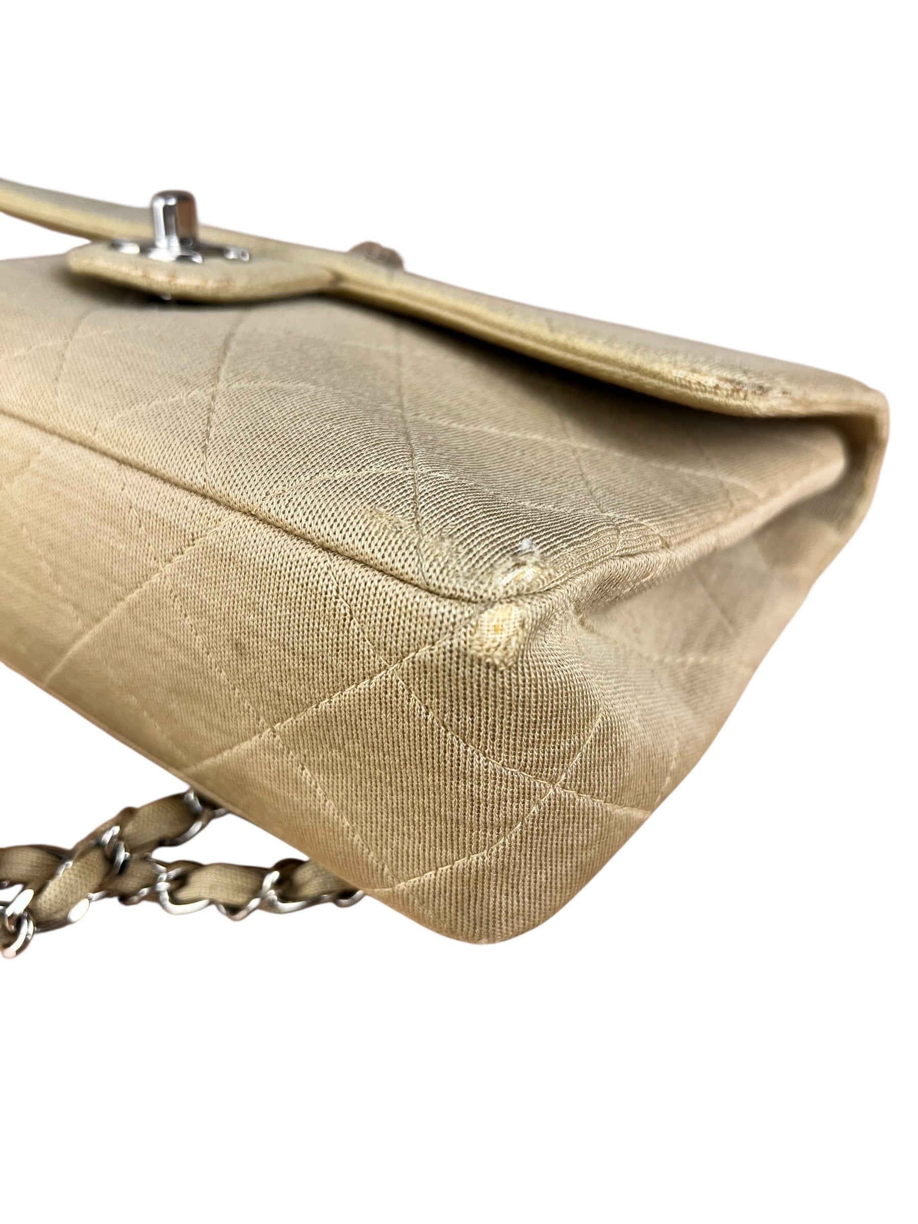 Chanel Vintage Beige Jersey Quilted Classic Flap Bag