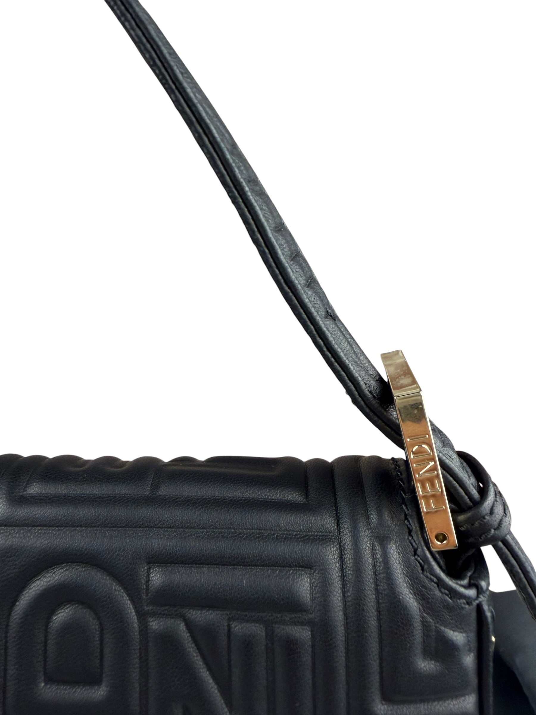 Fendi Black Leather 3D Logo Embossed Baguette