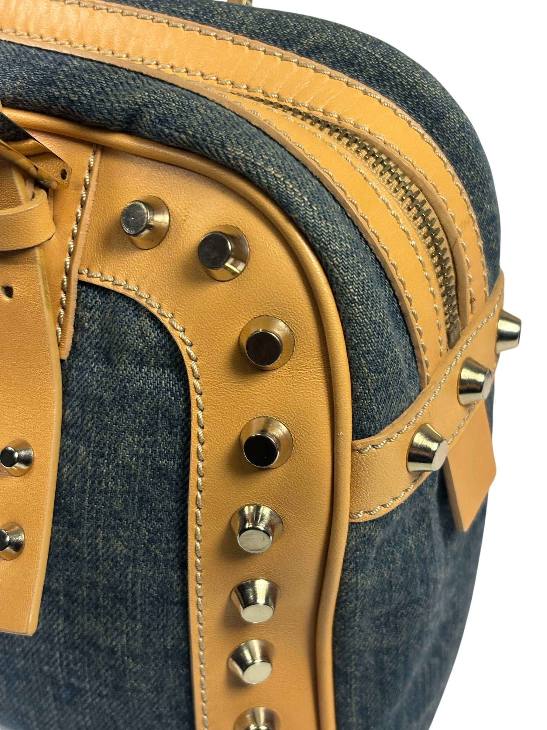 Fendi Blue/Brown Denim/Leather Trim Studded Shoulder Bag