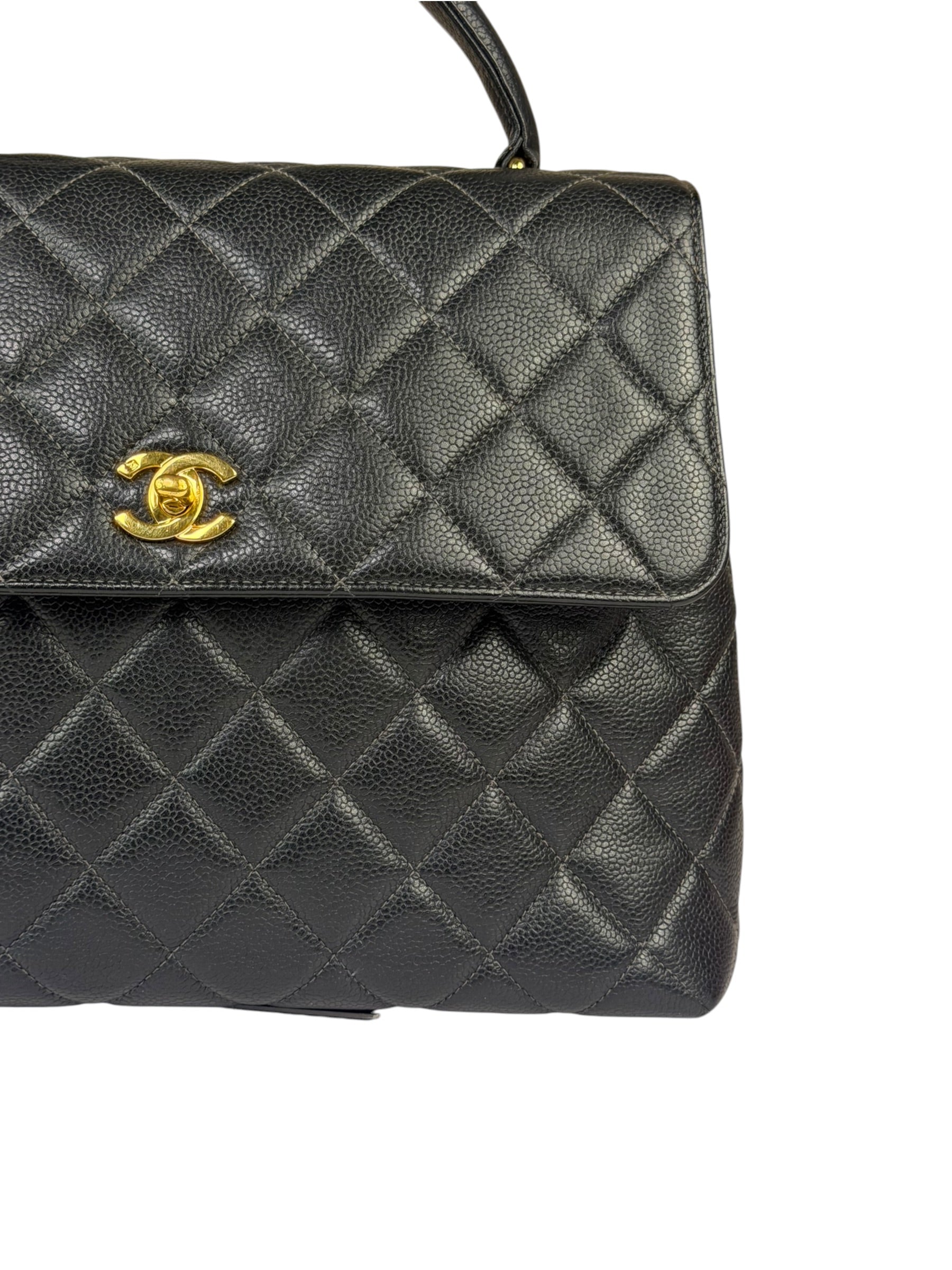 Chanel Vintage Black Caviar Quilted Leather Kelly Top Handle Bag 1996