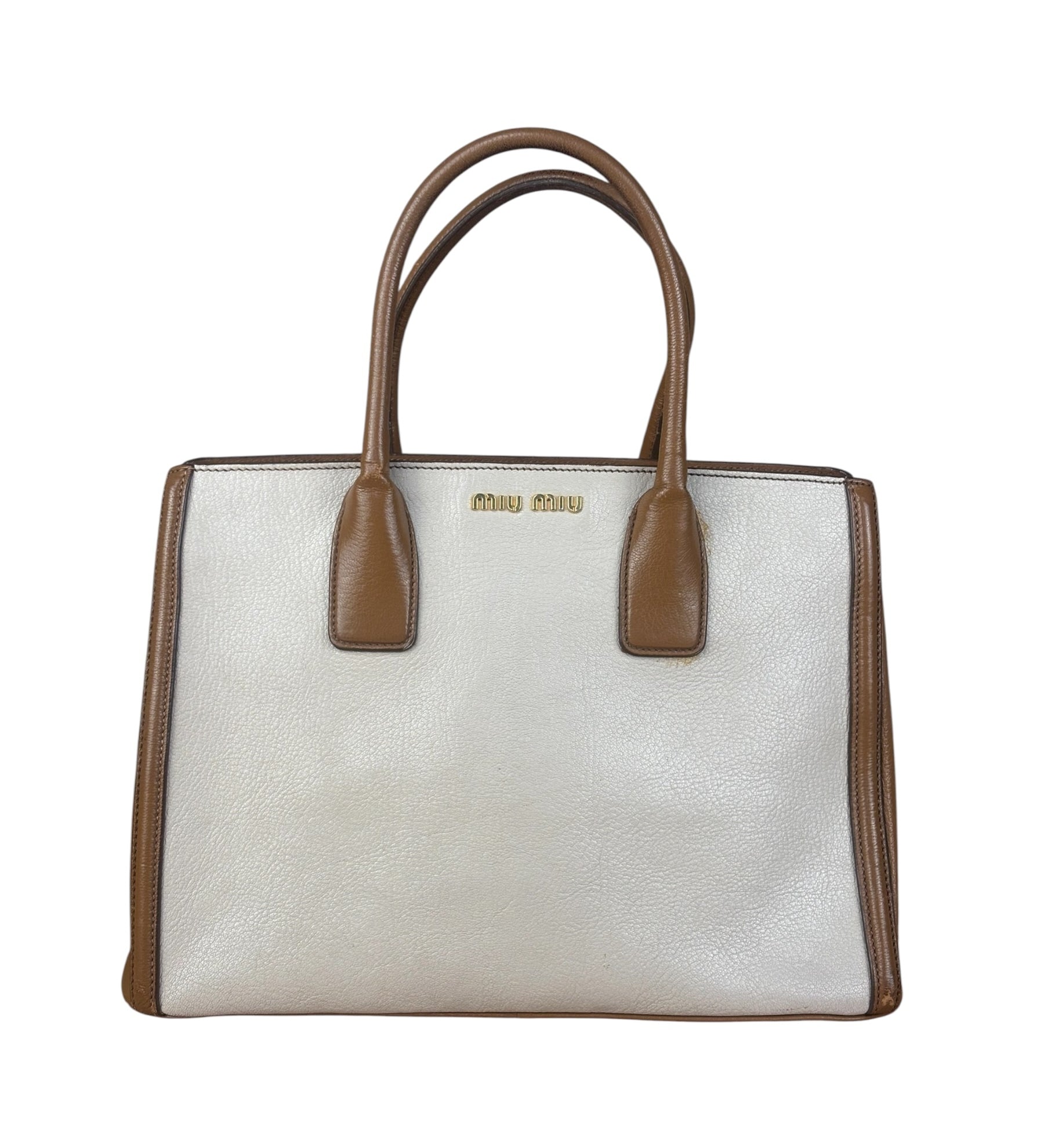 Miu Miu Beige/Brown Bicolor Leather Madras Handbag
