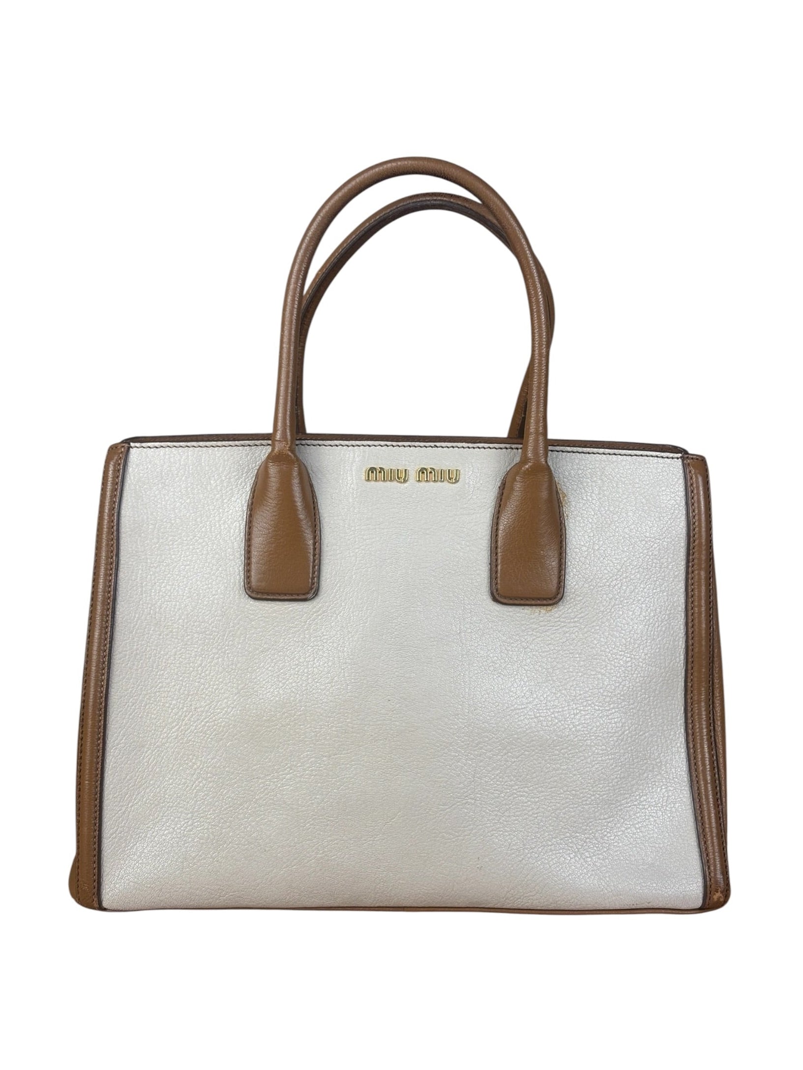 Miu Miu Beige/Brown Bicolor Leather Madras Handbag