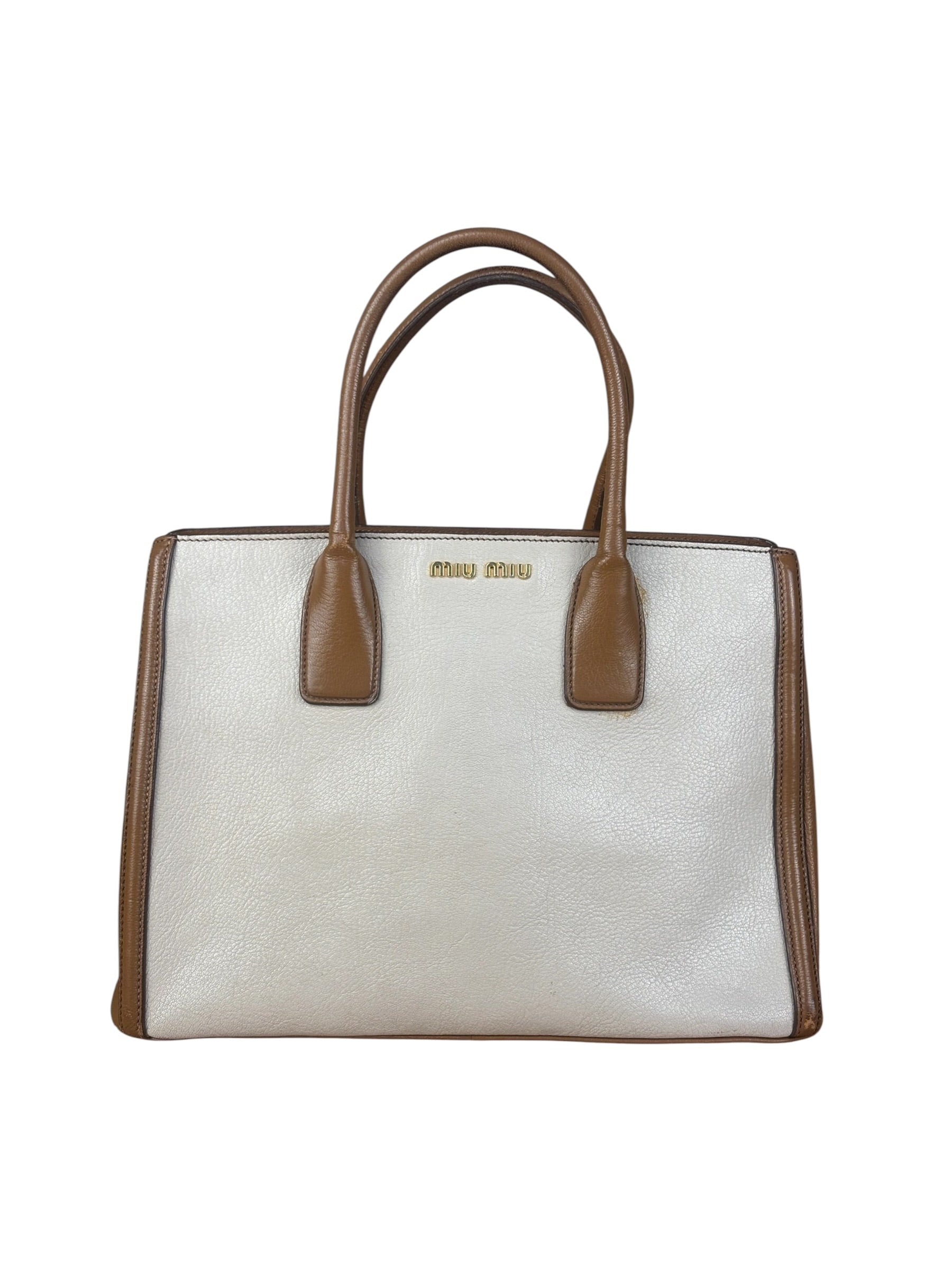 Miu Miu Beige/Brown Bicolor Leather Madras Handbag