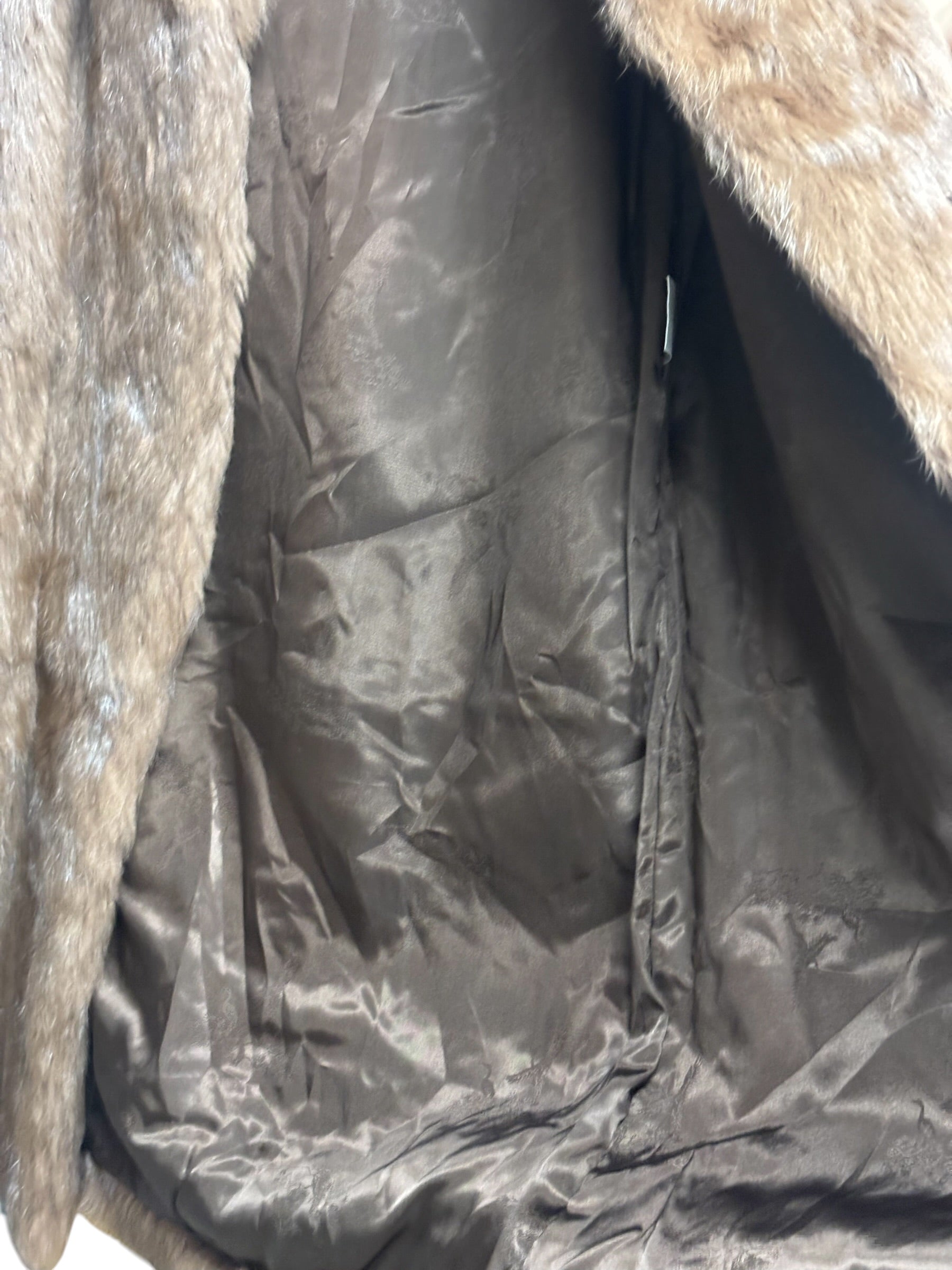 Vintage Brown French Rabbit Fur & Acetate Satin Long Coat