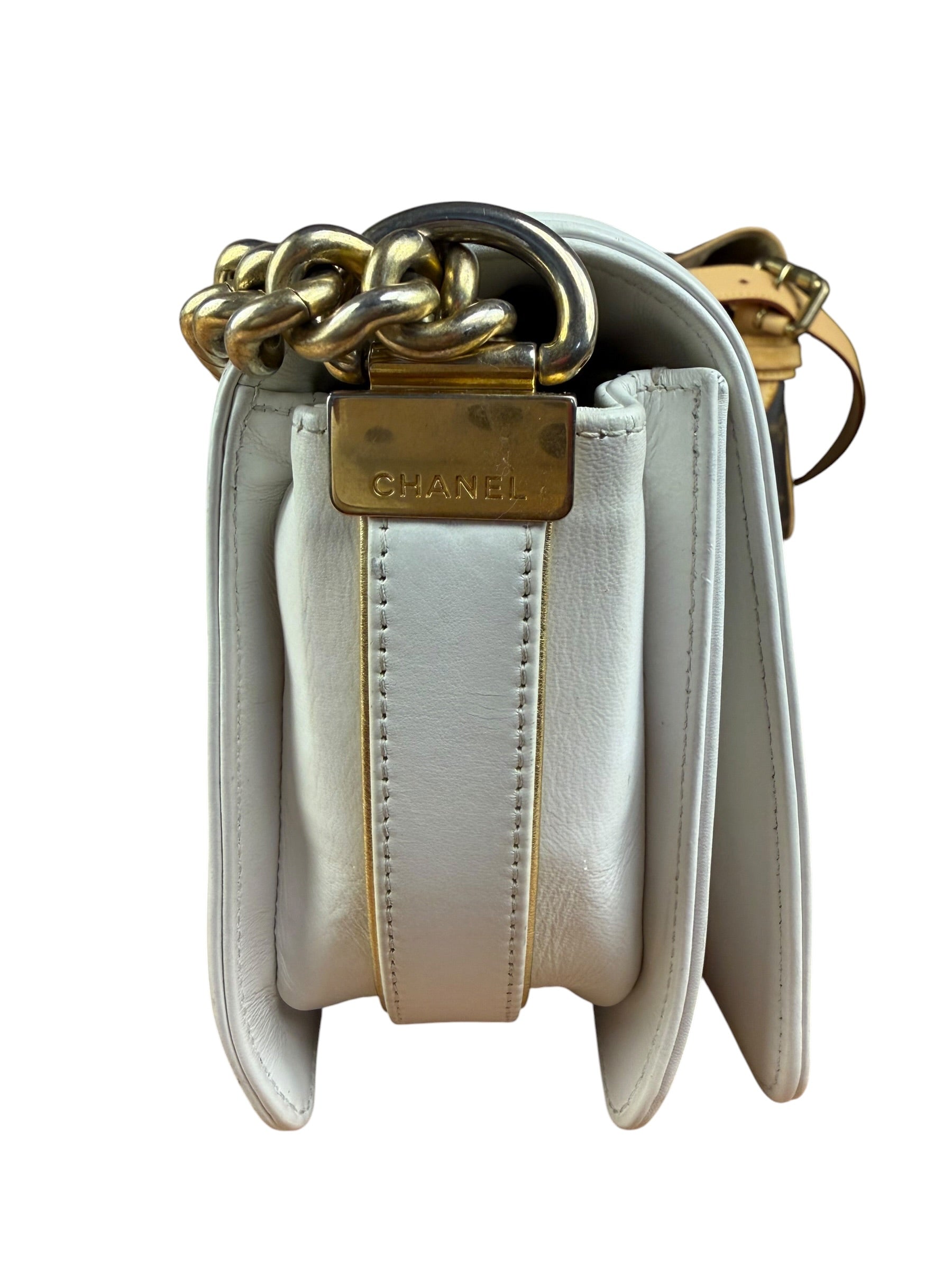 Chanel Vintage White Leather Braided Boy Shoulder Bag 1989