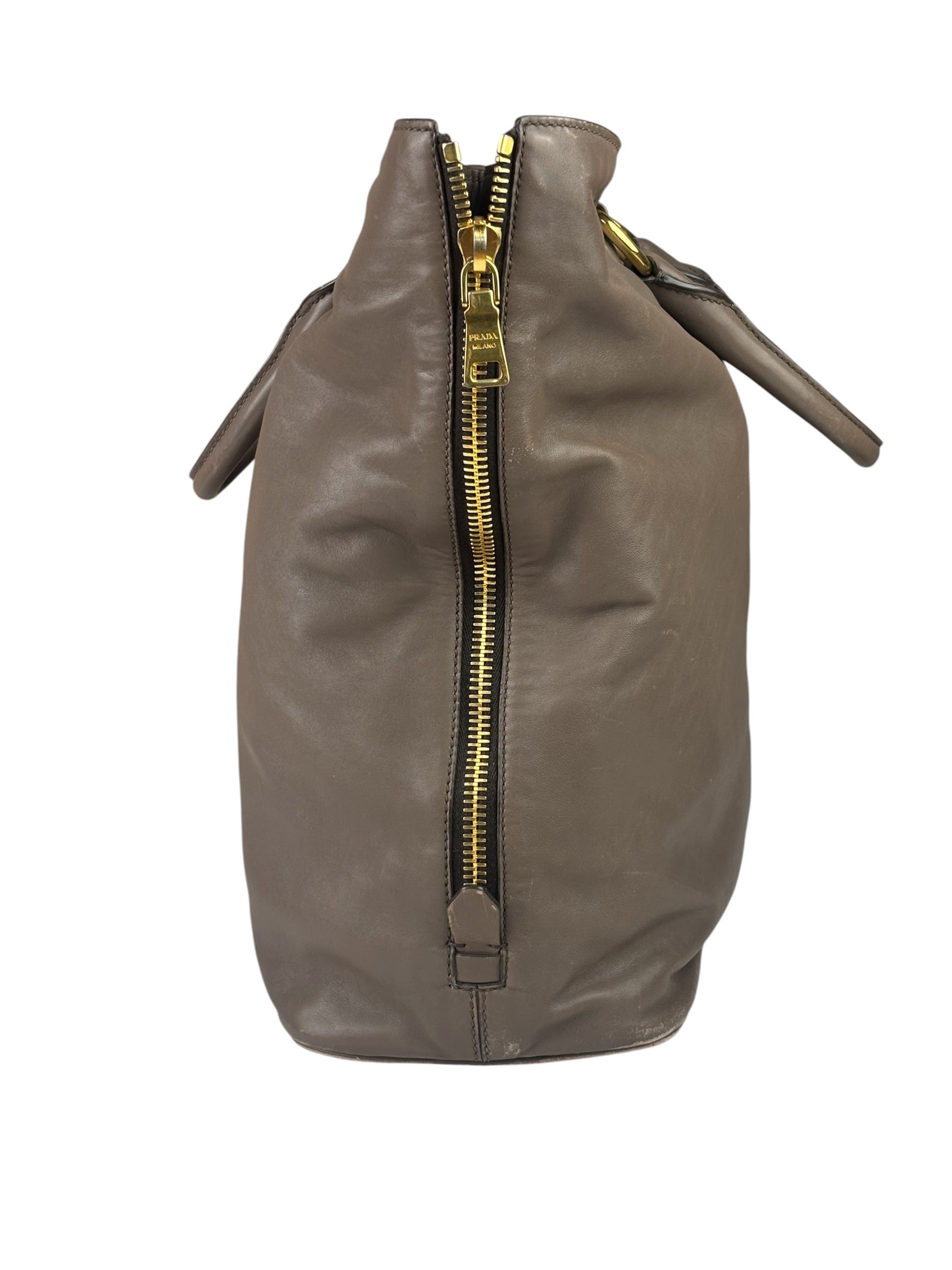 Prada Neutral Taupe Vitello Daino Leather Side Zip Large Shopper Tote
