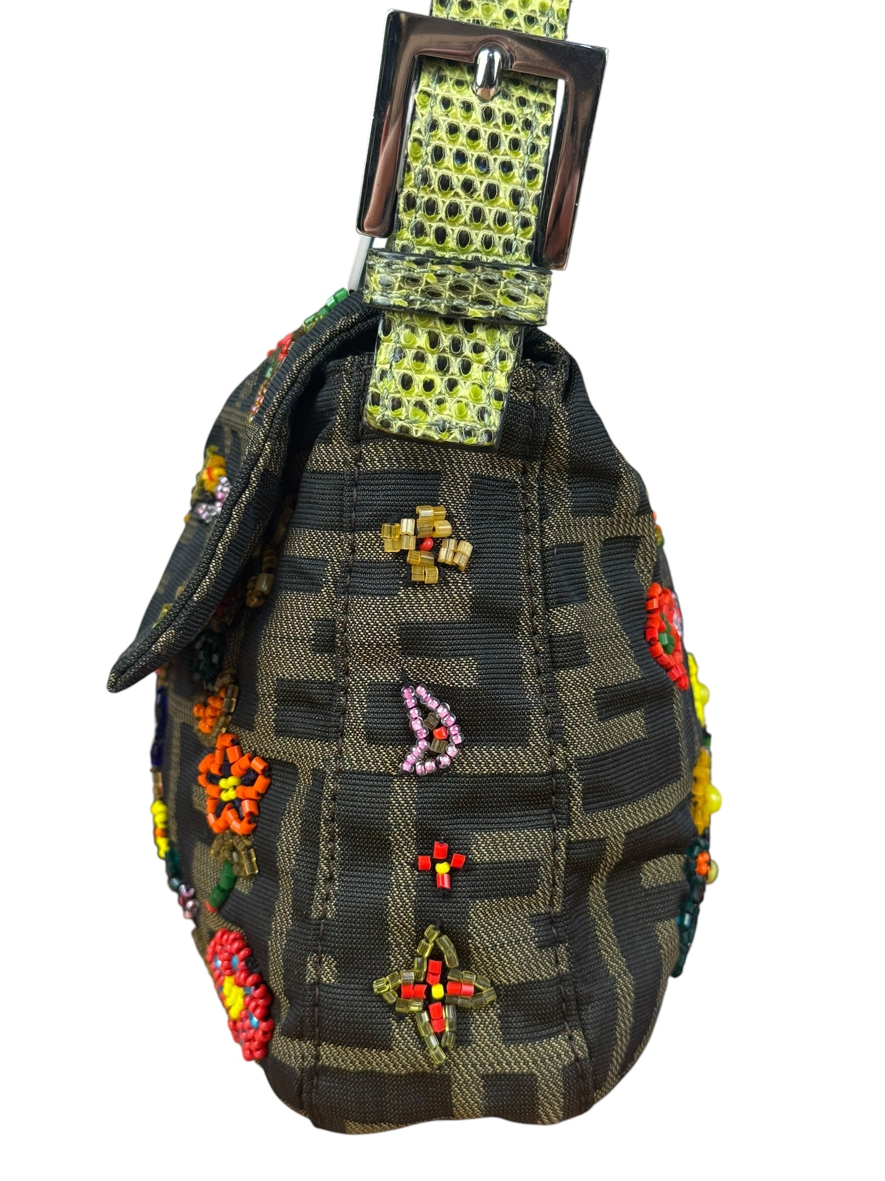 Fendi Vintage Zucca Beaded Lizard Trimmed Baguette