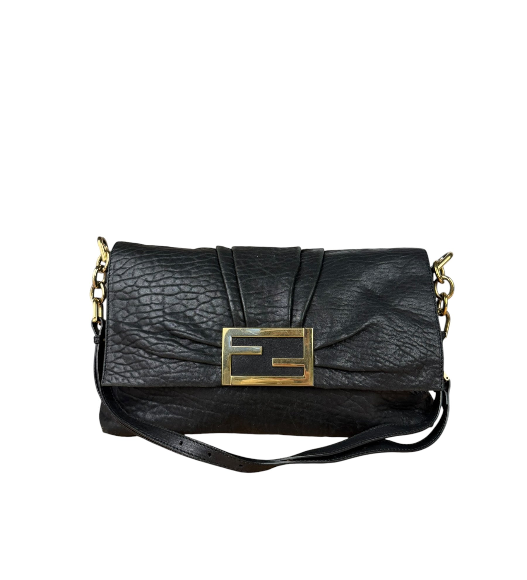 Fendi Black Pebbled Leather Mia Flap Bag