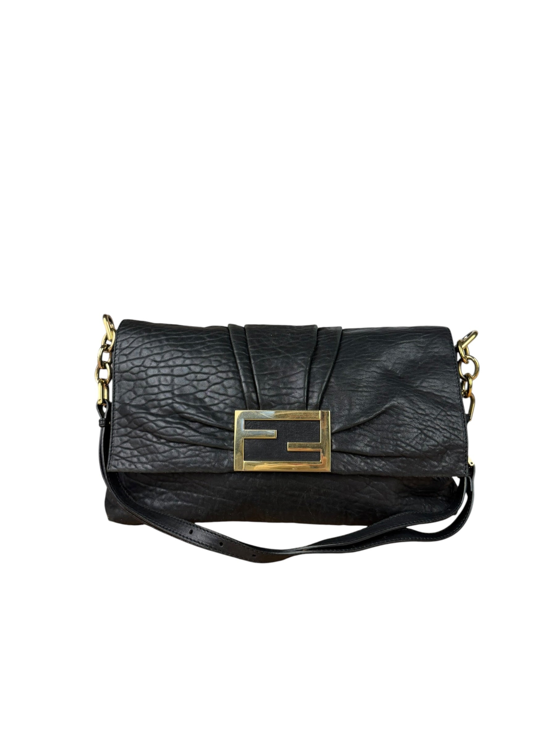 Fendi Black Pebbled Leather Mia Flap Bag