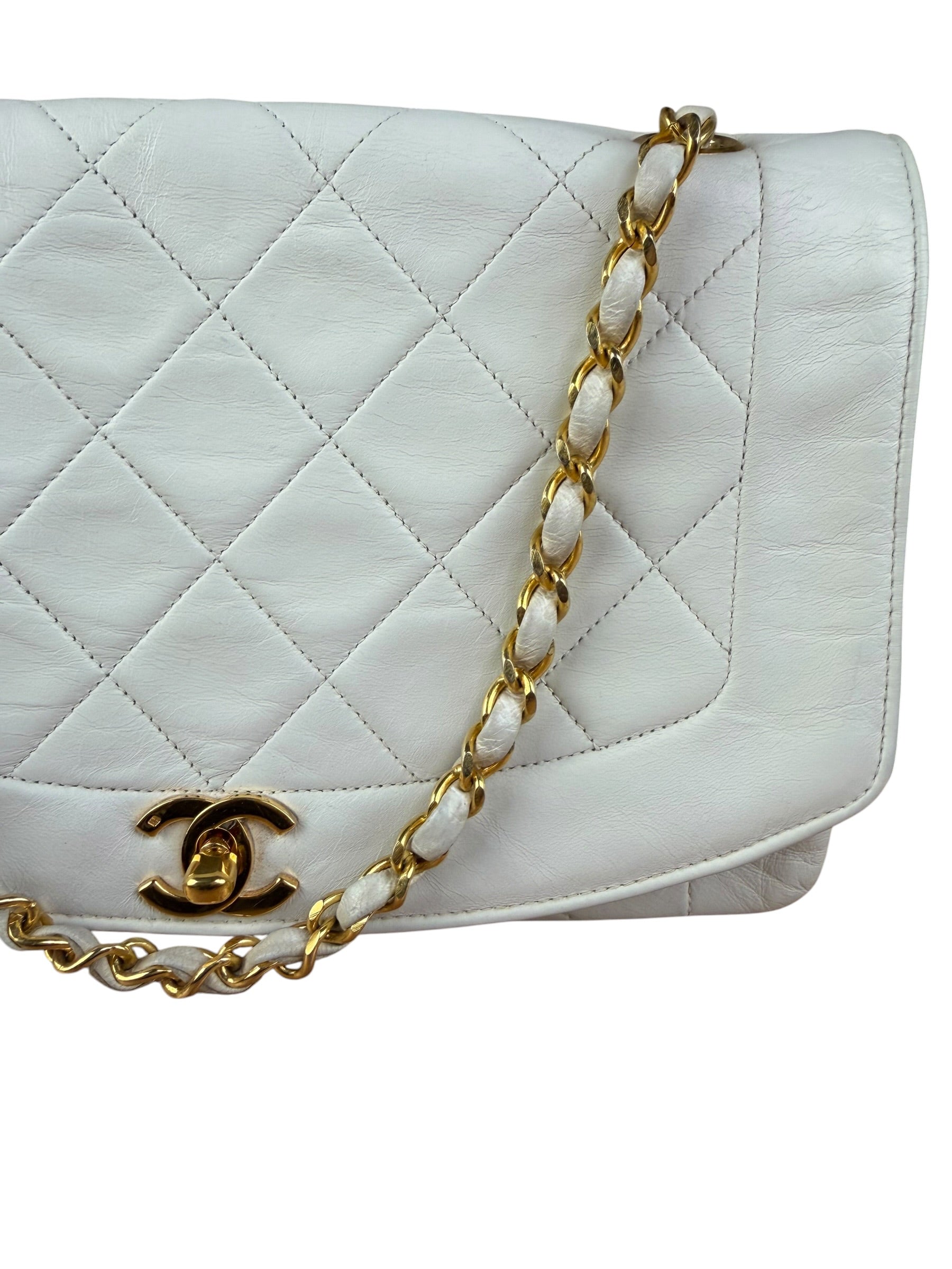 Chanel Vintage White Leather Diana Flap Shoulder Bag 1989