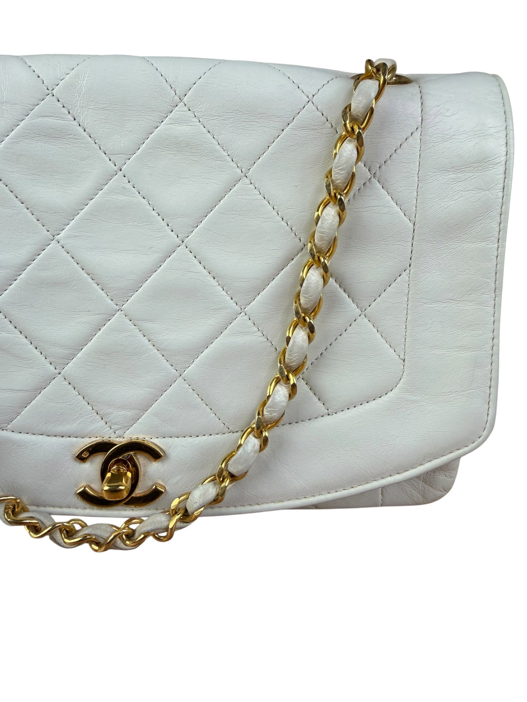 Chanel Vintage White Leather Diana Flap Shoulder Bag 1989
