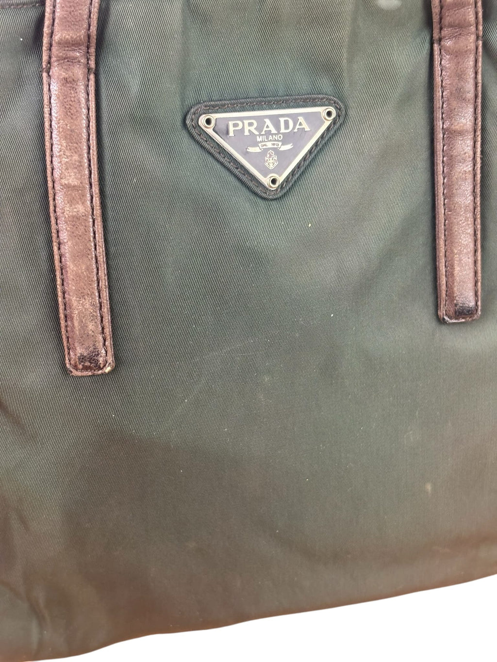 Prada Green/Brown Leather Trim/Nylon Tote