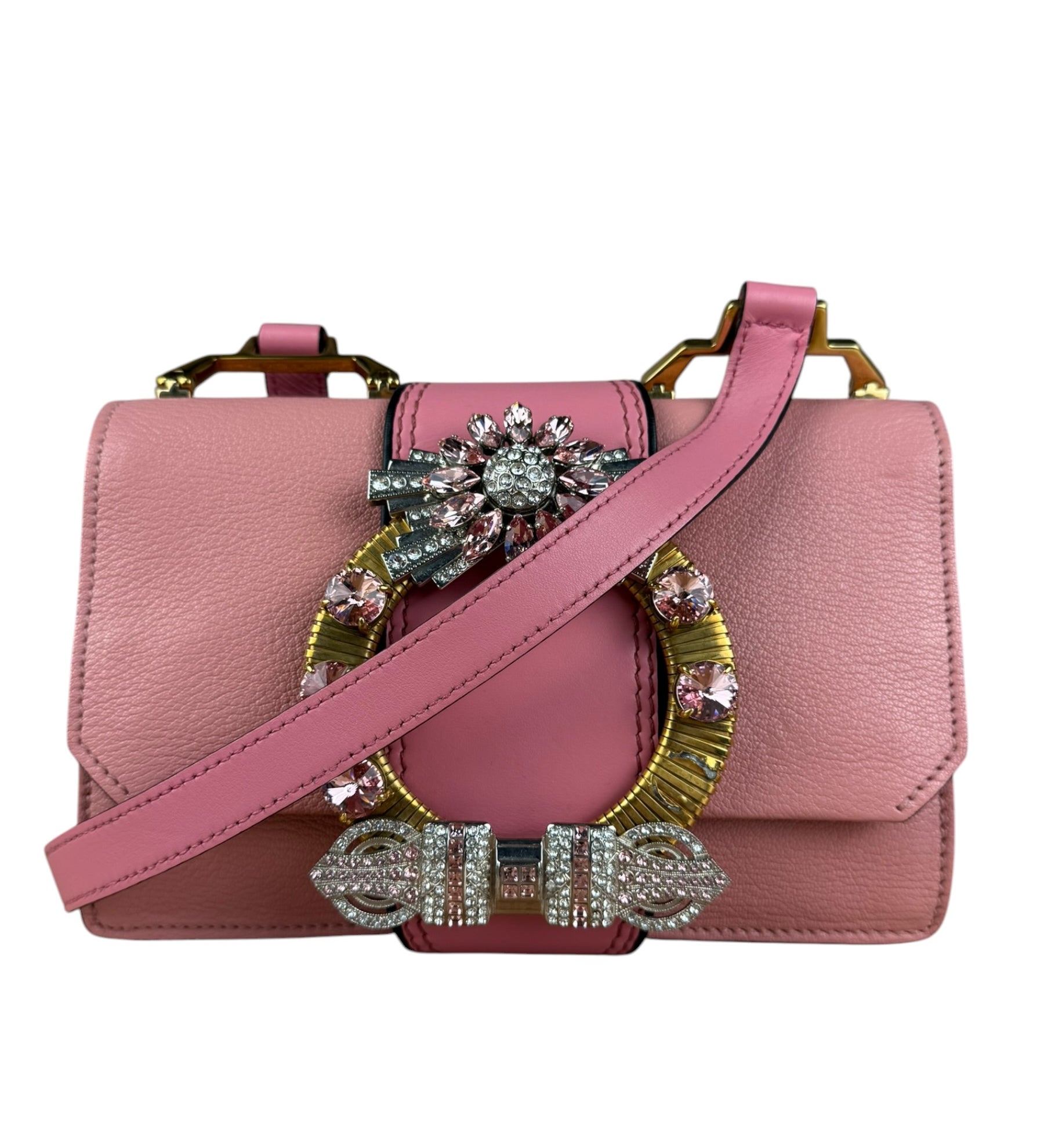 Miu Miu Pink Leather Madras Crystal Embellished Shoulder Bag