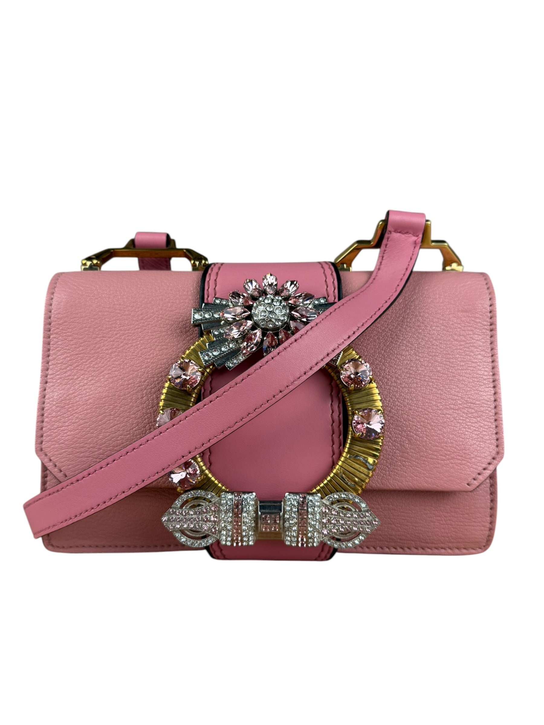 Miu Miu Pink Leather Madras Crystal Embellished Shoulder Bag