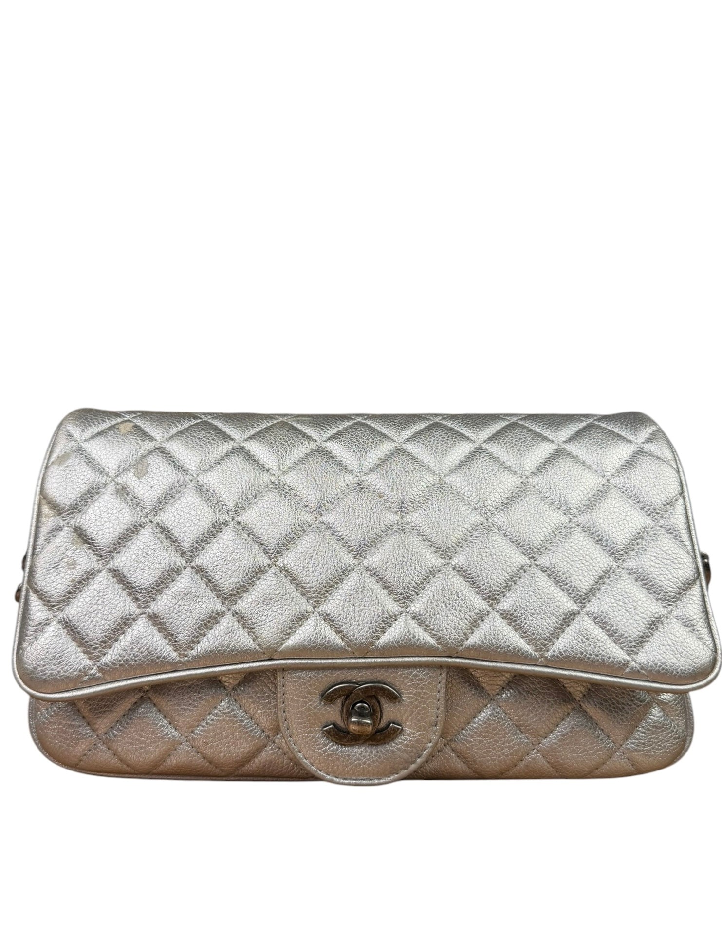 Chanel CC Silver Metallic Quilted Flap Shoulder Bag 2017