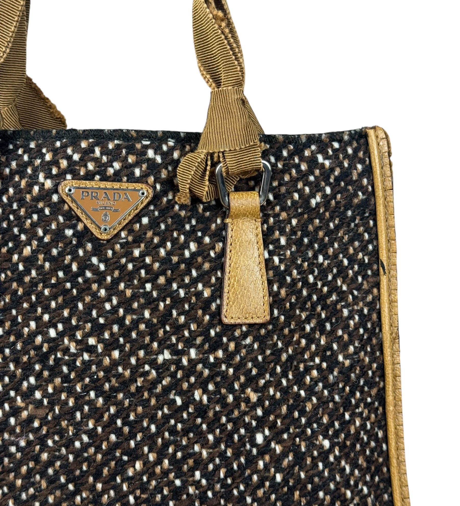 Prada Vintage Brown/Black Woven Tweed Trim Tote Handbag