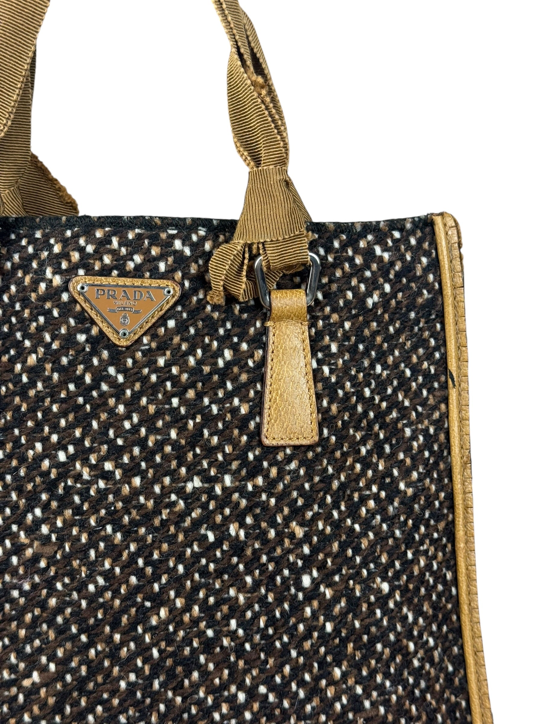 Prada Vintage Brown/Black Woven Tweed Trim Tote Handbag