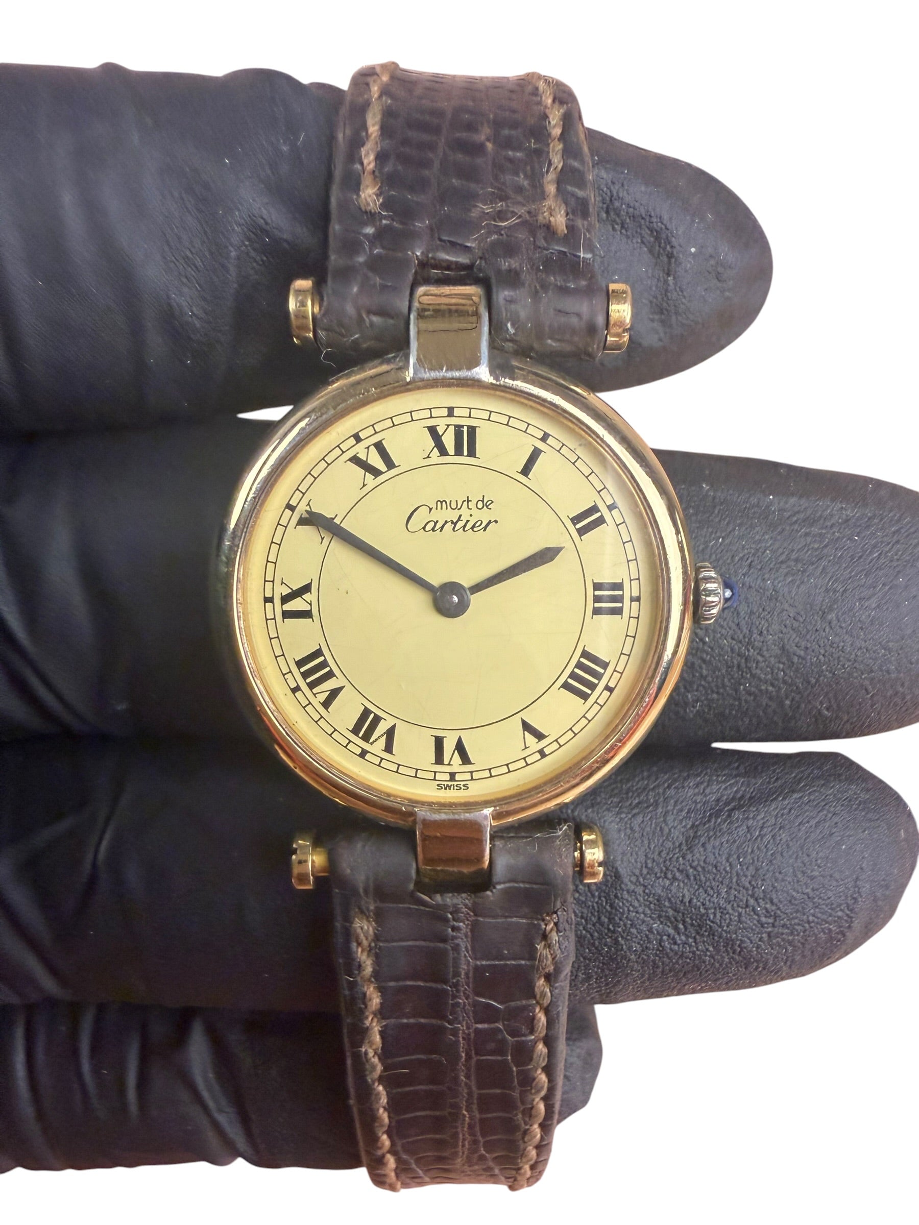 Cartier Must De Vendome Vermeil Cream Roman Dial Brown Strap