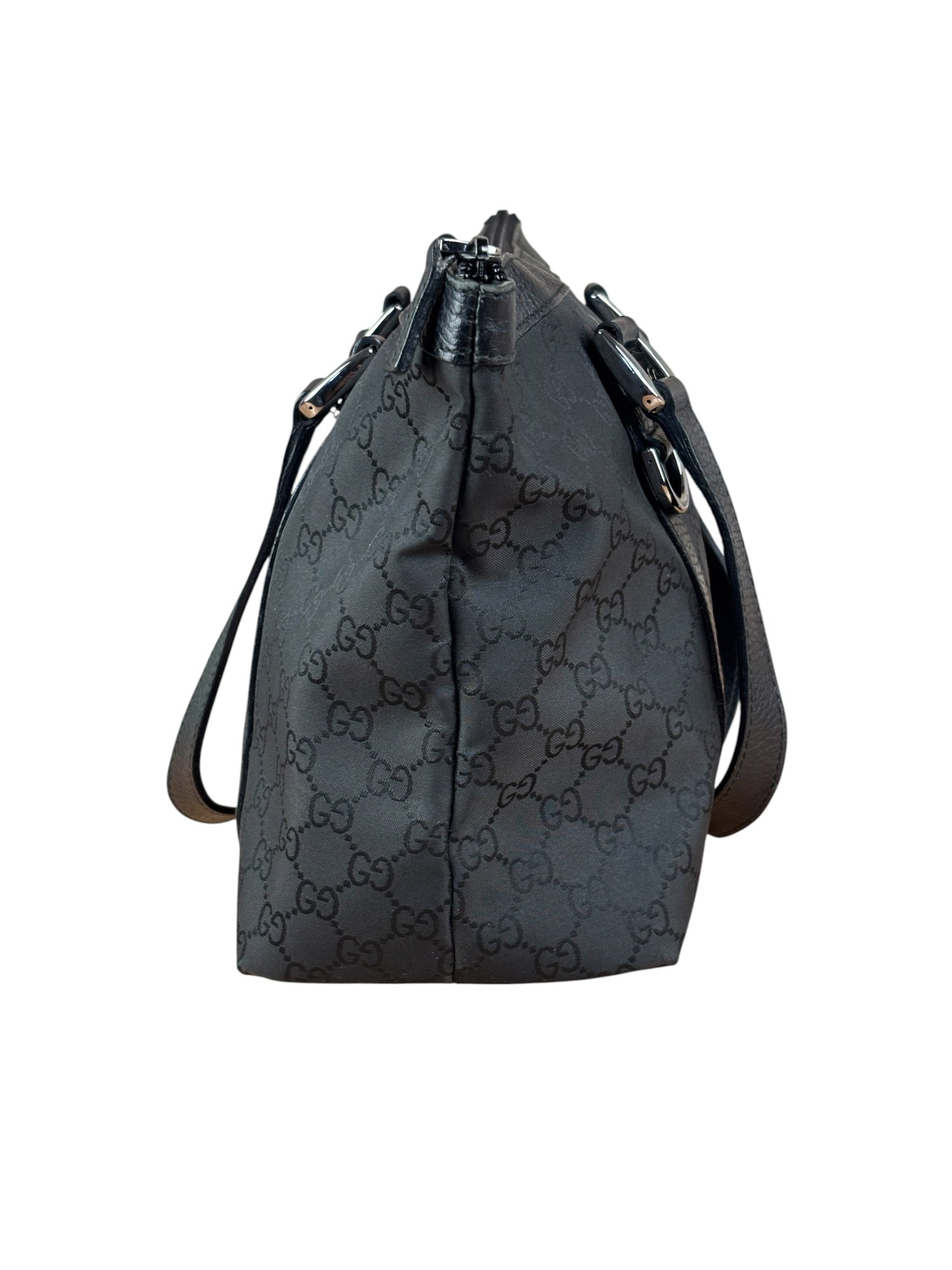 Gucci Black Leather Trim GG Canvas Abbey Zip Tote Bag