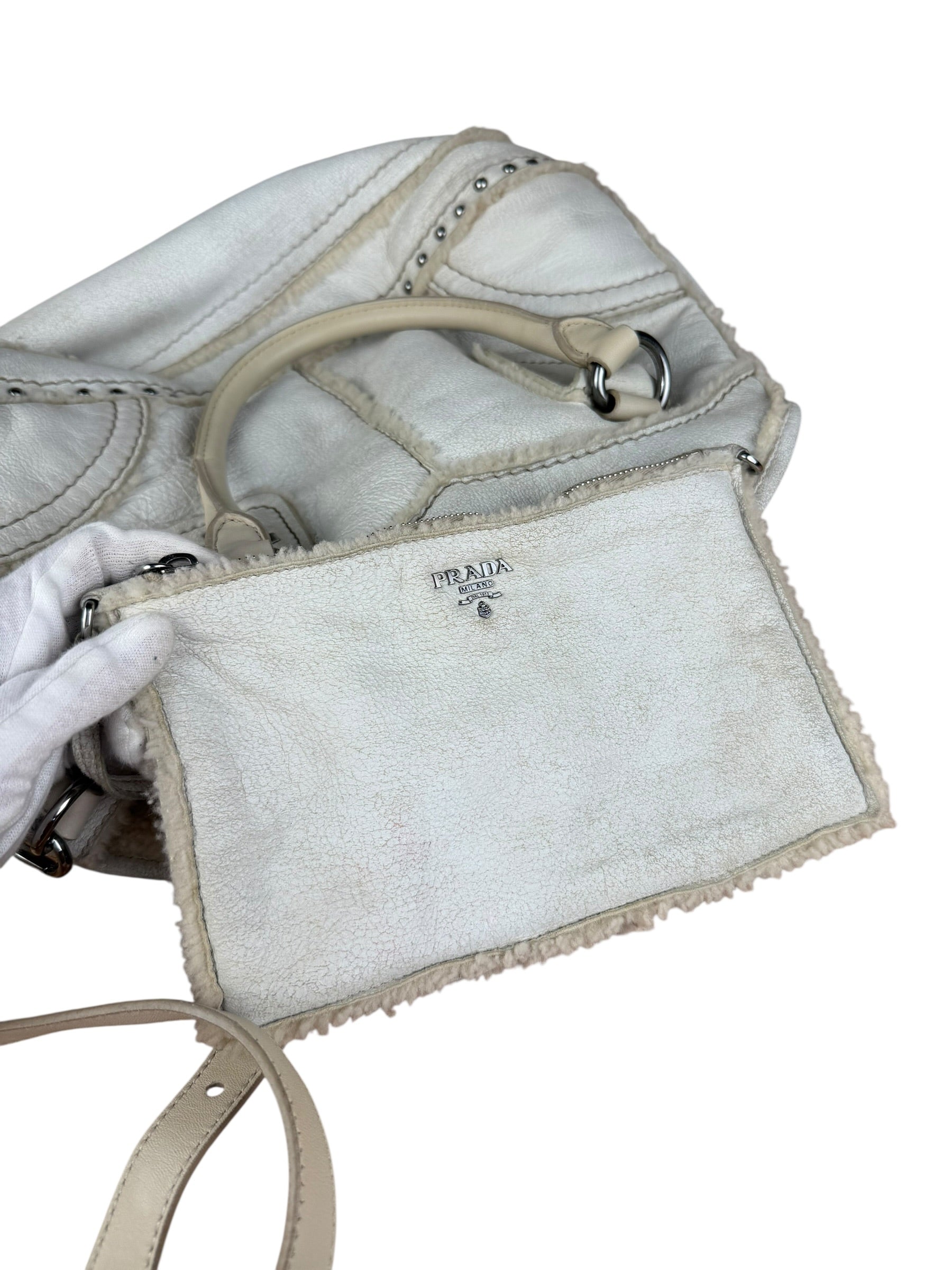 Prada Vintage White Studded Leather Shearling Bowler 2Way Bag