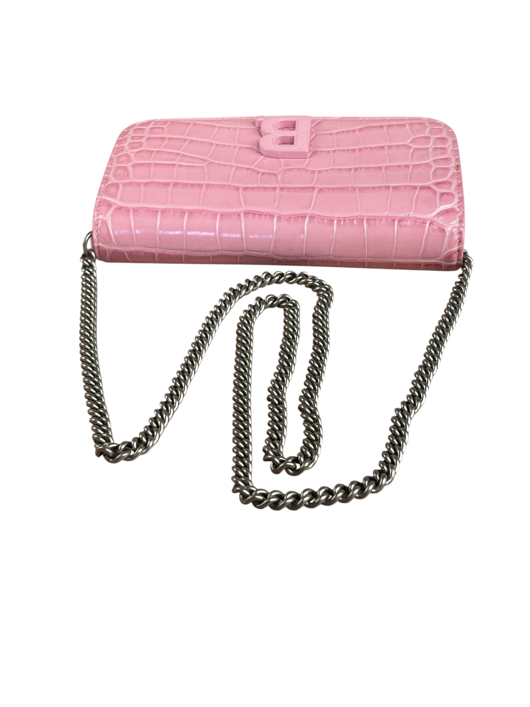 Balenciaga Pink Croc-Embossed Leather Chain B Wallet