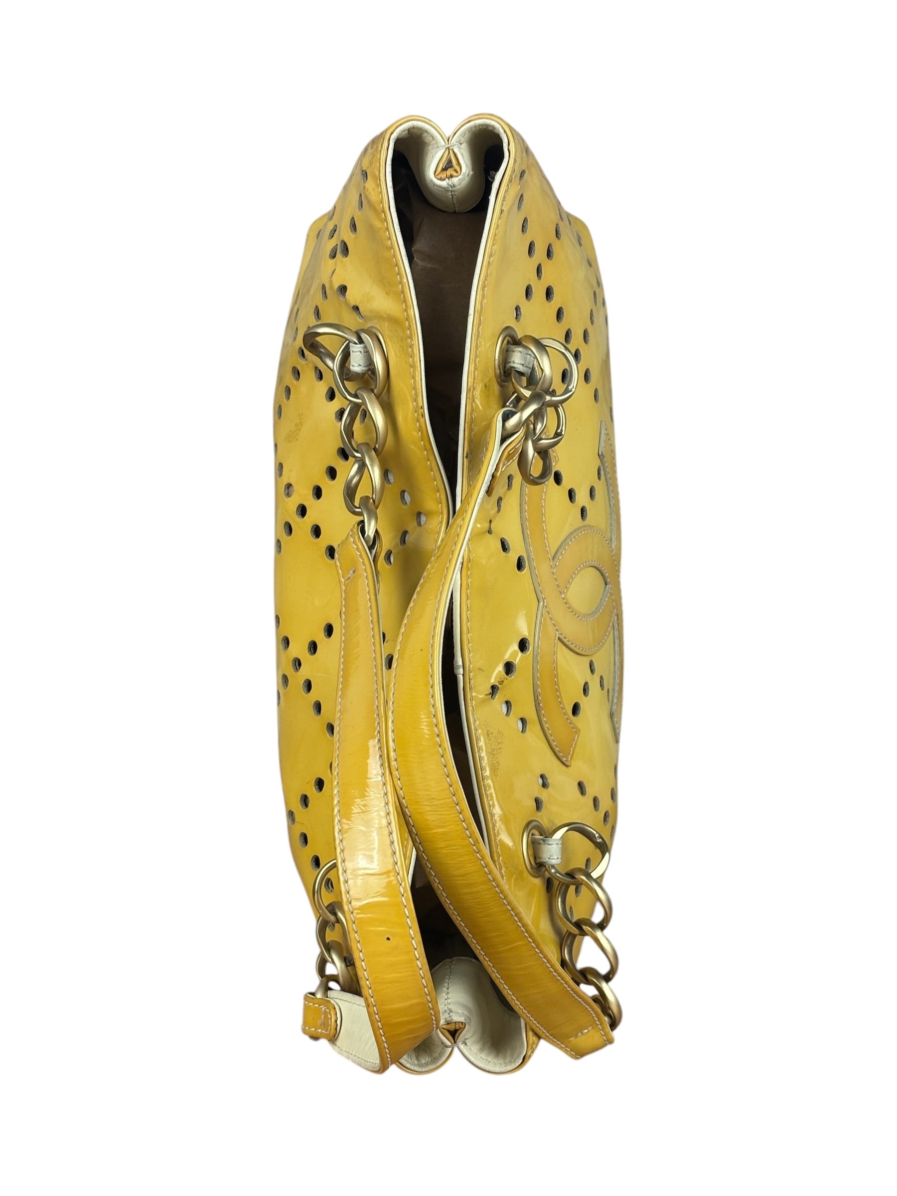 Chanel Vintage Yellow Patent Leather Perforated Tote Bag 1987
