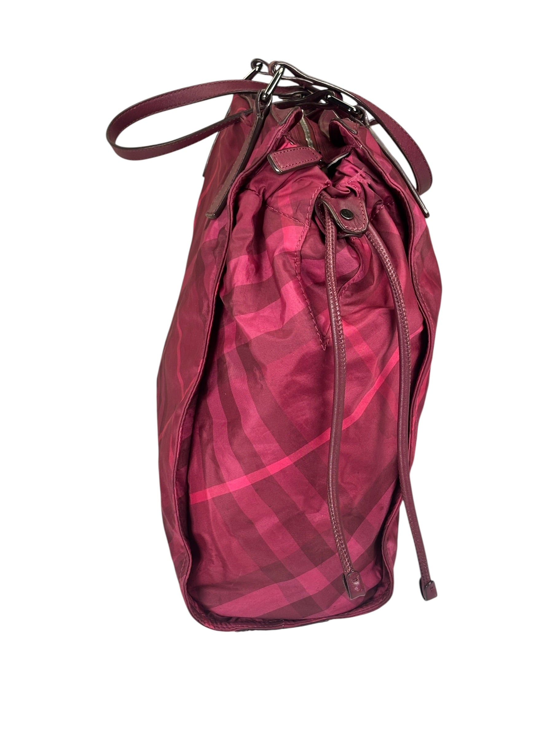Burberry Plum Nylon/Leather Trim Nova Check Buckleigh Packable Tote