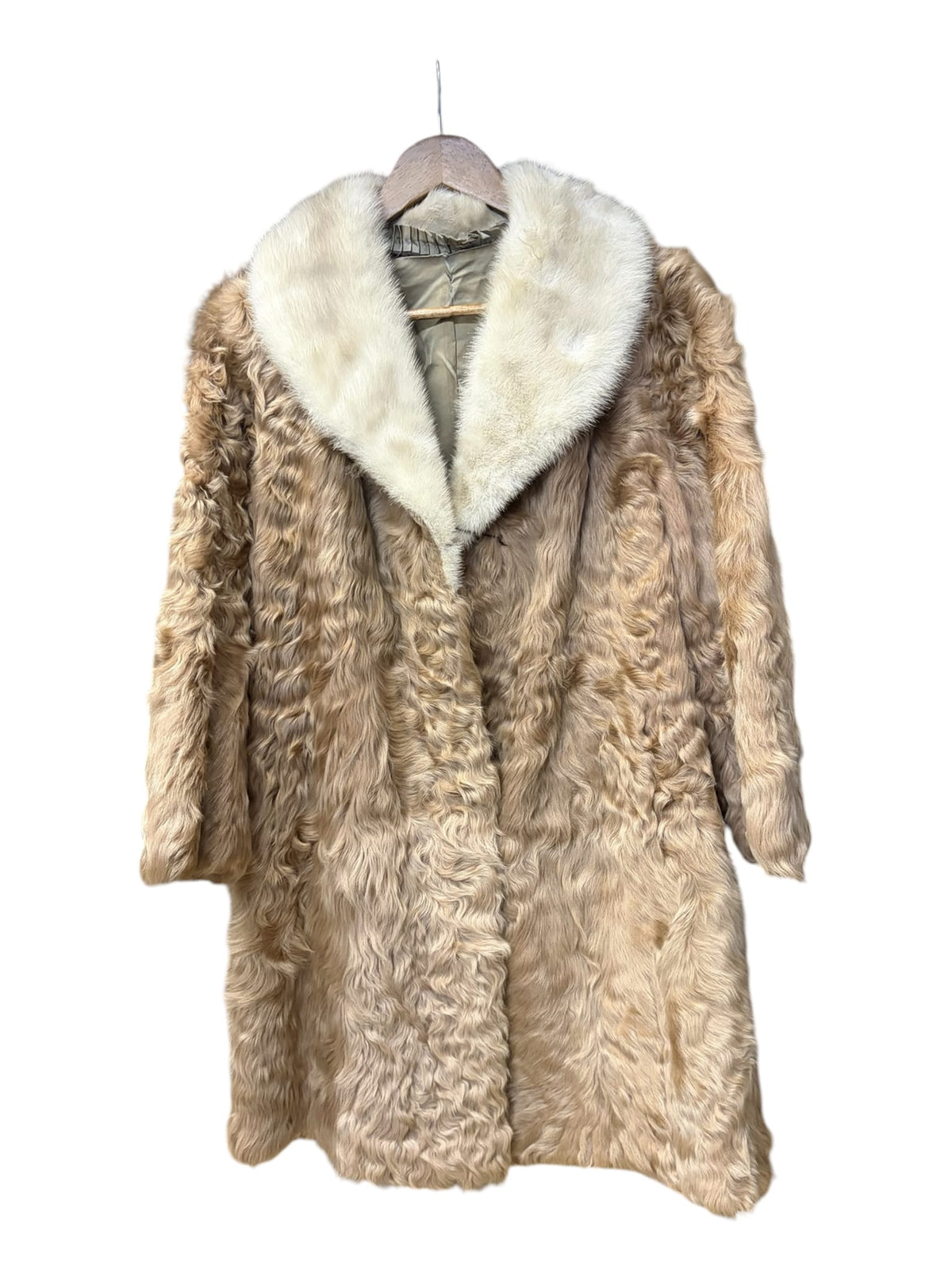 Vintage Glycine Cream/Light Brown Mink Collar/Persian Lamb Mid-Length Fur Coat