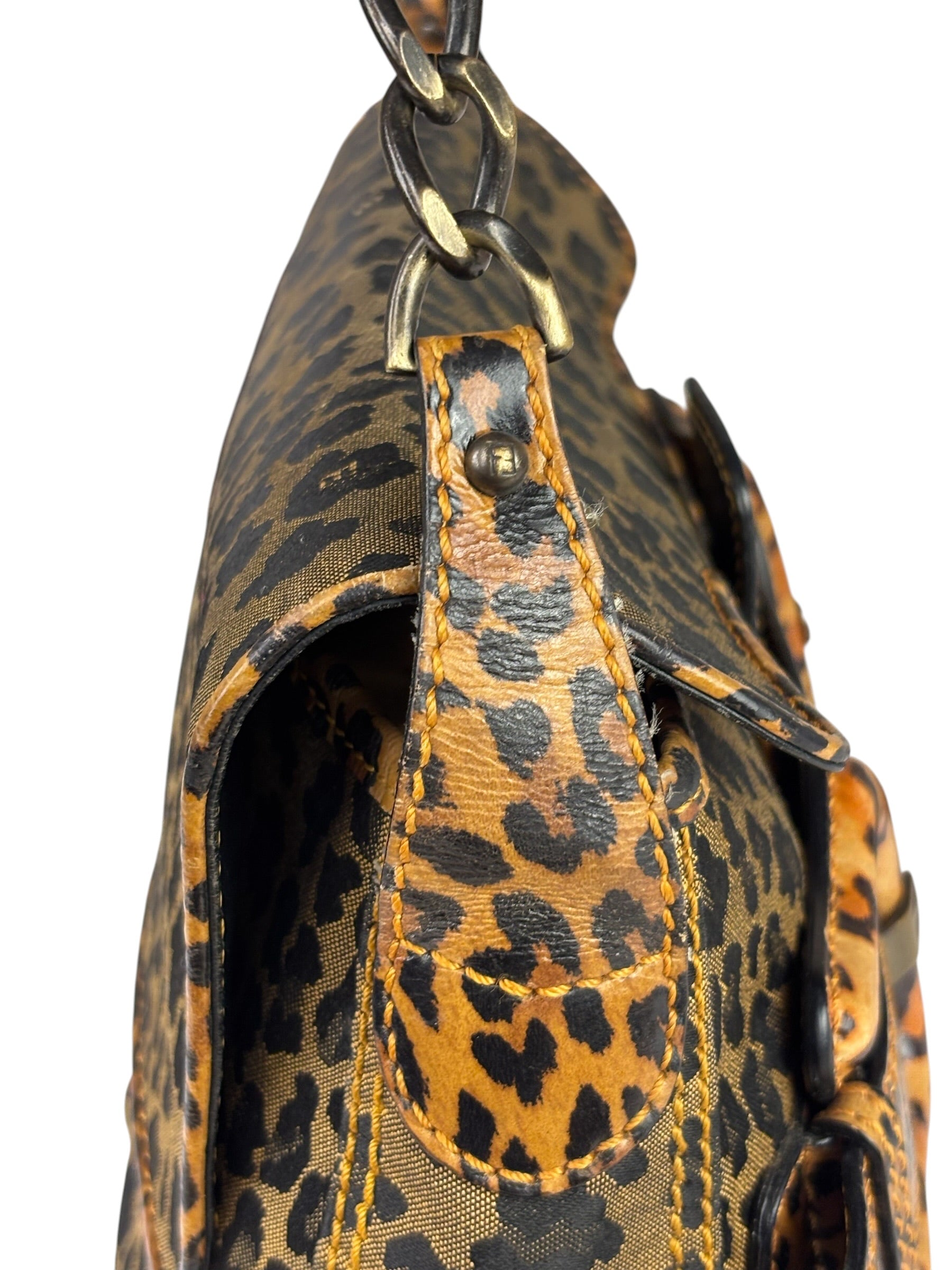 Fendi Brown Leather Trim Leopard Print Buckle Bag